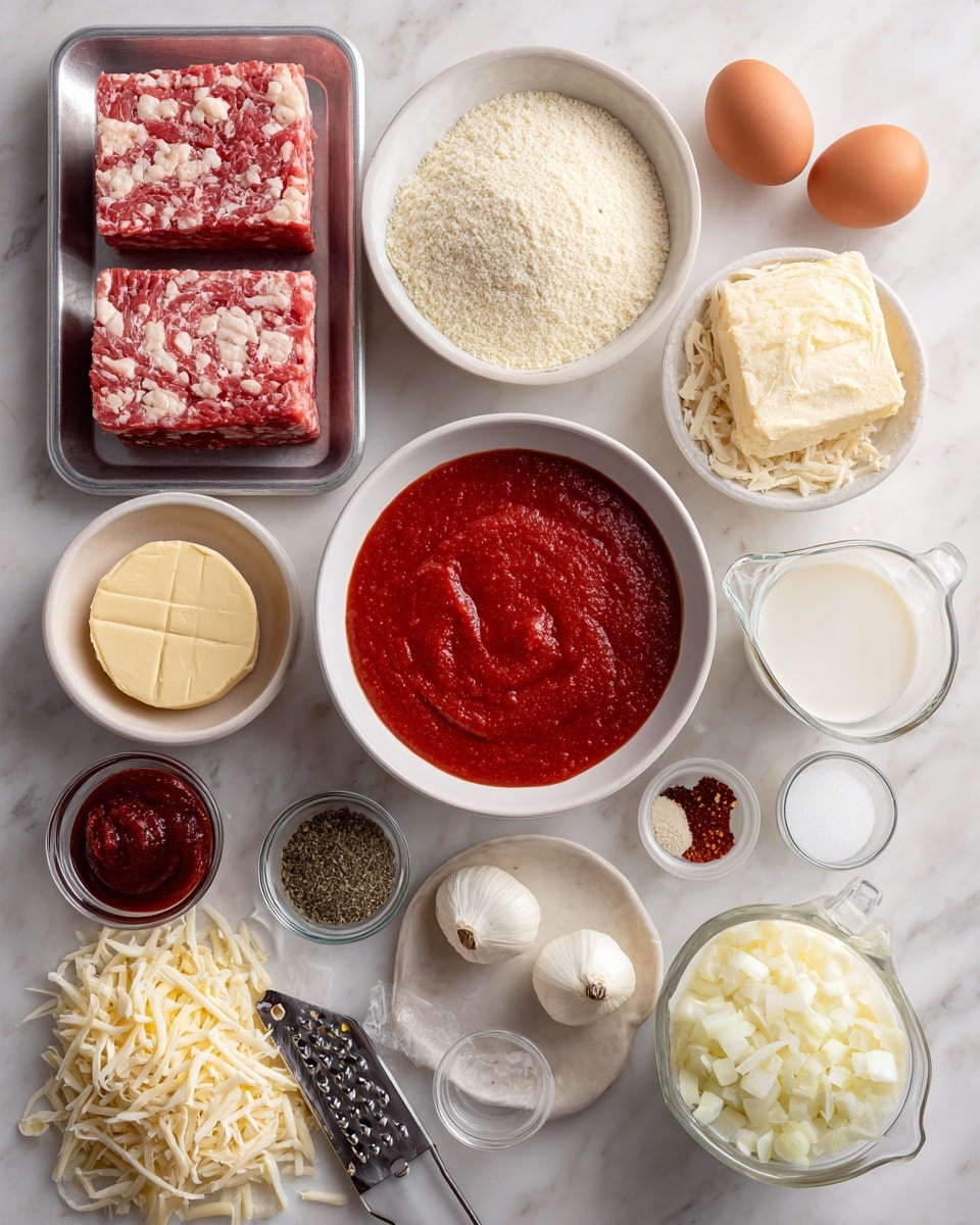 The image shows an overhead view of several ingredients arranged neatly on a white marbled surface. On the left, there is a silver tray with two blocks of raw meat, one red and one with a mix of white and pink. Below the tray is a white bowl filled with light-colored breadcrumbs and two brown eggs placed beside it. In the middle, there is a large white bowl filled with thick bright red tomato sauce. Around it, smaller containers hold different ingredients: a small glass bowl with dark red tomato paste, a round of pale yellow butter with textured lines on top, a small bowl with dried herbs, a tiny bowl of coarse salt, a bowl of red chili flakes, and a bowl filled with chopped white onions. To the right, there is a glass measuring cup with white milk and a small white bowl of salt. In the bottom center, there is a pile of shredded pale yellow cheese with a metal grater resting against it. The ingredients are well spaced, highlighting the colors and textures against the white marble background. Photo taken with an iphone --ar 4:5 --v 7