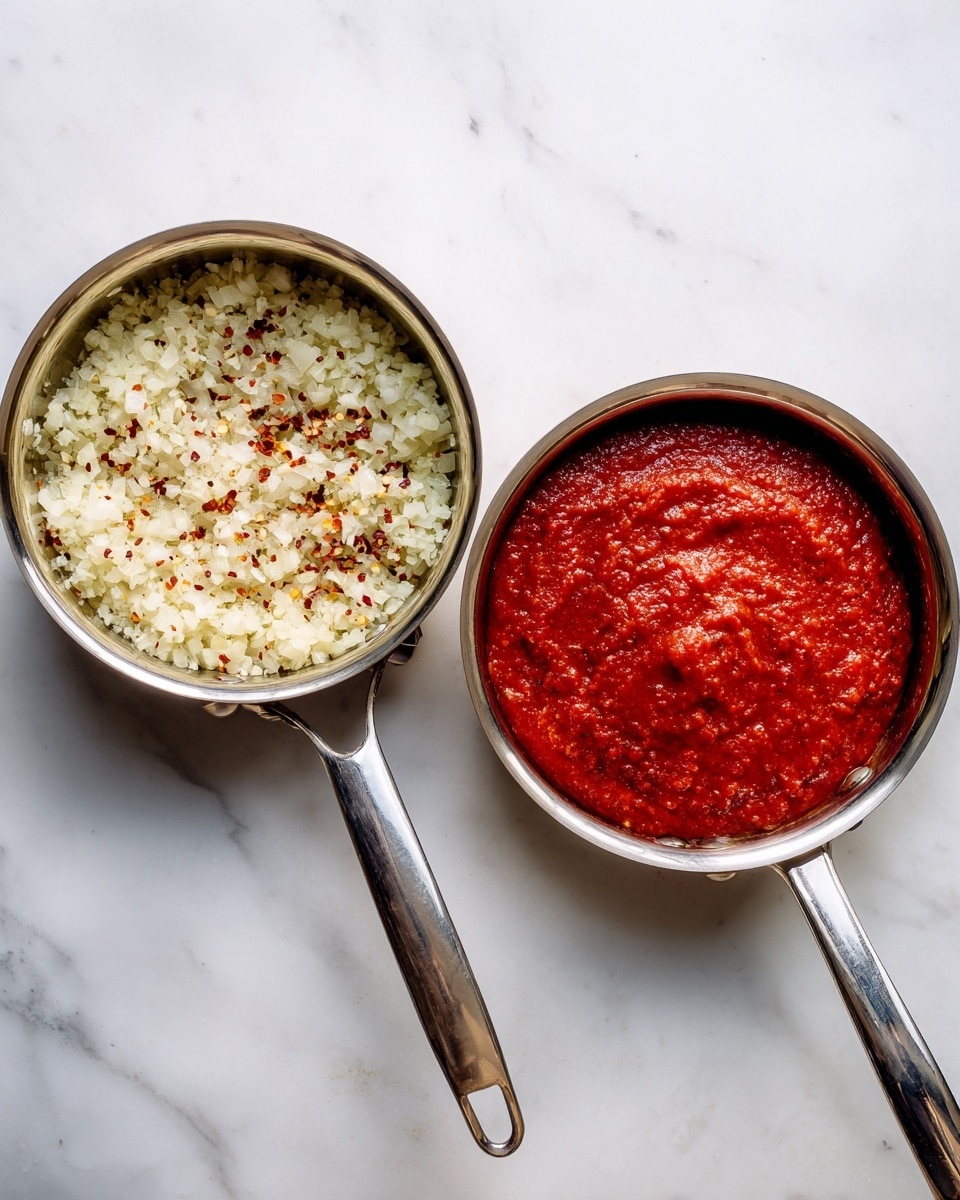 The image shows two pans on a white marbled surface. The left pan holds a single layer of cooked finely chopped onions mixed with small red pepper flakes, giving a light off-white and reddish speckled texture. The onions look soft and slightly translucent with a little browning. The right pan contains a thick, smooth layer of bright red tomato sauce, evenly spread and slightly textured on top, filling the pan almost to the edges. Both pans have shiny metal handles extending out to the right side. The lighting is bright and natural. photo taken with an iphone --ar 4:5 --v 7