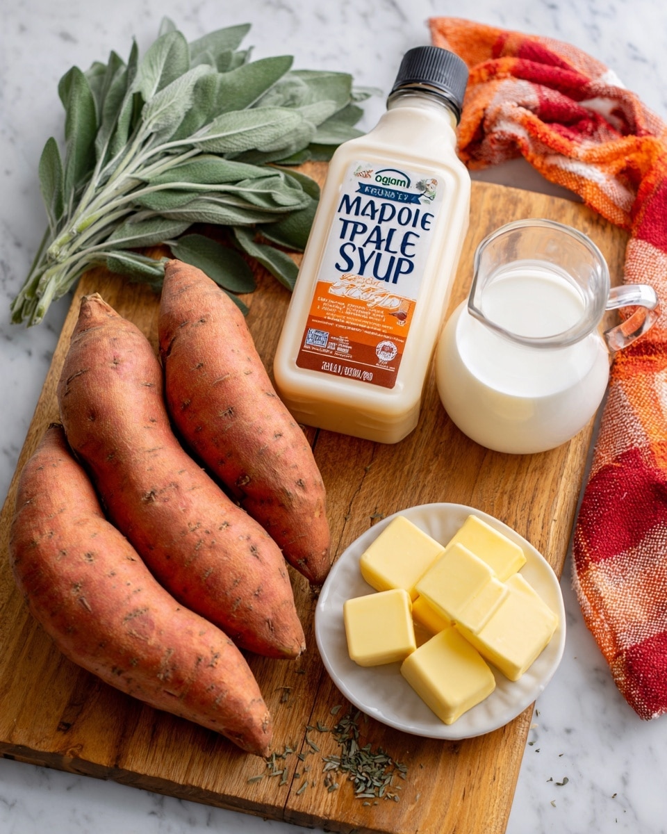 The image shows a wooden cutting board on a white marbled surface. On the board, five medium-sized sweet potatoes with rough orange skin are placed on the left side. Next to them is a bunch of fresh green sage leaves with some scattered on the board. At the top right, a clear small glass jug filled with white milk is set beside a white bowl containing three rectangular pieces of yellow butter. Behind these items, there is a white plastic bottle with a black cap labeled