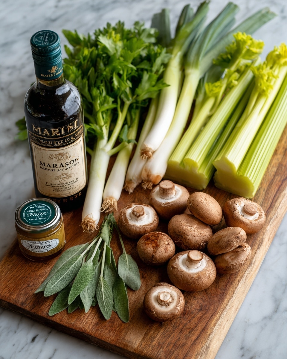 The image shows a wooden cutting board on a white marbled surface with fresh ingredients arranged neatly on top. There are six brown mushrooms clustered on the center-right, three long green celery stalks to their right, and a bunch of fresh sage leaves in front of the celery. To the left of the mushrooms are three leeks with white and green layers, and a bunch of bright green parsley lies beside the leeks on the left side of the board. Behind the mushrooms is a tall bottle of Marsala wine with a dark green label. Near the front left corner of the board, a small glass jar labeled