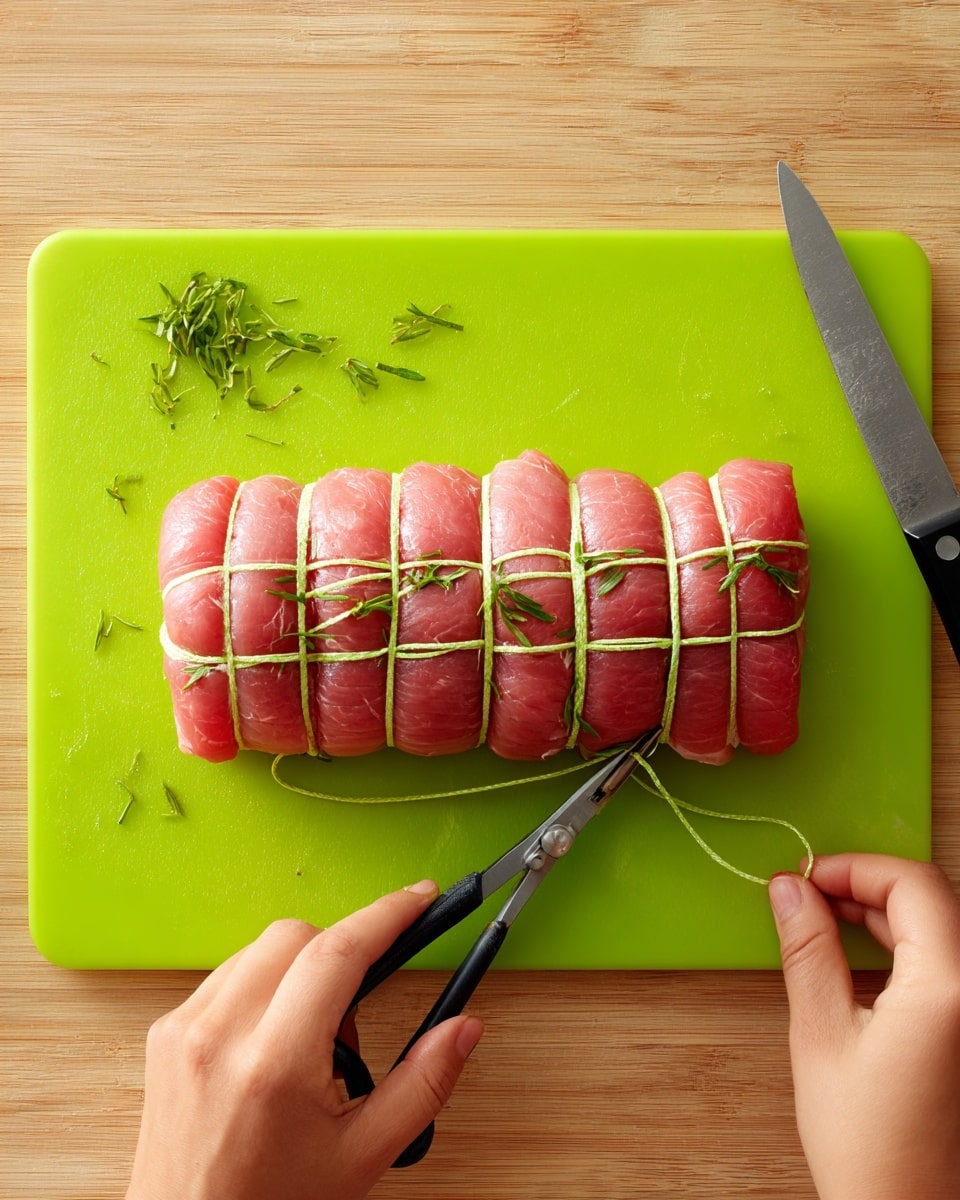 A rolled and tied piece of raw pink meat with a smooth texture sits on a bright green cutting board, its string wrapping tightly around the meat in five sections from left to right. There are small green herb bits scattered around the board. Two woman's hands are visible; one holds the string while the other is cutting the string with a pair of black scissors. The cutting board is placed on a light wooden surface. photo taken with an iphone --ar 4:5 --v 7