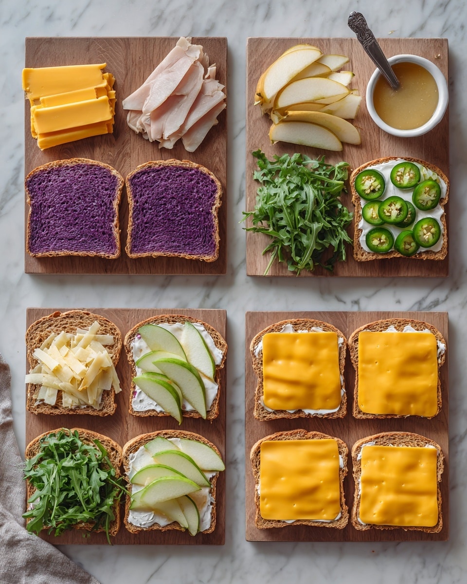 The image shows two sandwiches on a black plate, each sandwich has three layers: toasted brown bread on top and bottom, with layers of white turkey, bright orange cheddar cheese, and green leafy lettuce inside. The plate sits on a blue cloth with white bone patterns, and there is a small green pickle next to the sandwiches. Behind this, a white plate with two more similar sandwiches and a green pickle is placed on a colorful napkin. A tall glass of light amber beer with white foam is on the left side, all set on a wooden table. The background is a white marbled texture. photo taken with an iphone --ar 4:5 --v 7