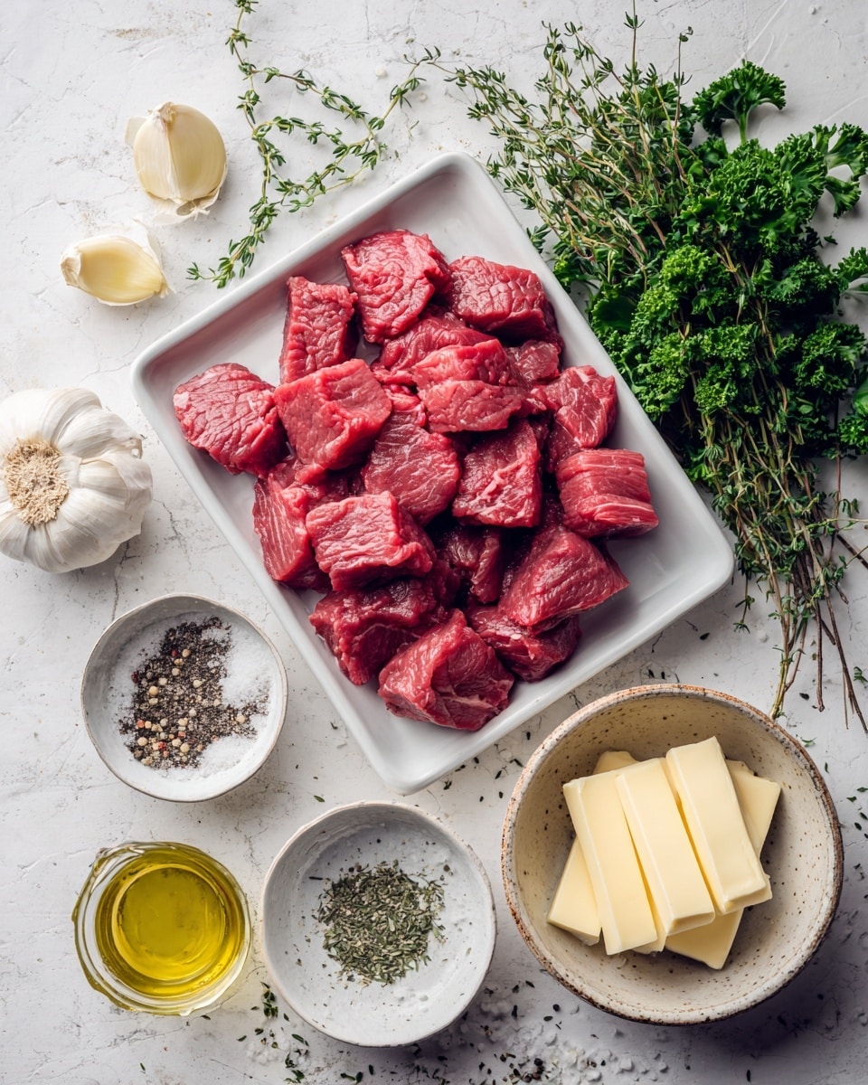 A white tray holds many chunks of fresh, red raw beef arranged closely together, showing a juicy texture. Below and to the left of the tray are small pale yellow slices of garlic on a white surface. A large bunch of fresh green thyme with thin stems and leathery leaves lies beside the garlic. At the center are two round small bowls, one with coarse black pepper and the other with coarse salt, both placed on a white surface lightly sprinkled with pepper grains. To the right of the bowls, there is a small rustic beige bowl filled with four pale yellow sticks of butter arranged side by side. Next to it is a small clear glass cup with a pale golden liquid, likely olive oil. A large white colander rests on the top right corner, filled with fresh dark green leafy parsley spilling slightly over the edges. Scattered nearby are a whole garlic bulb and several loose garlic cloves, all on a white marbled surface photo taken with an iphone --ar 4:5 --v 7
