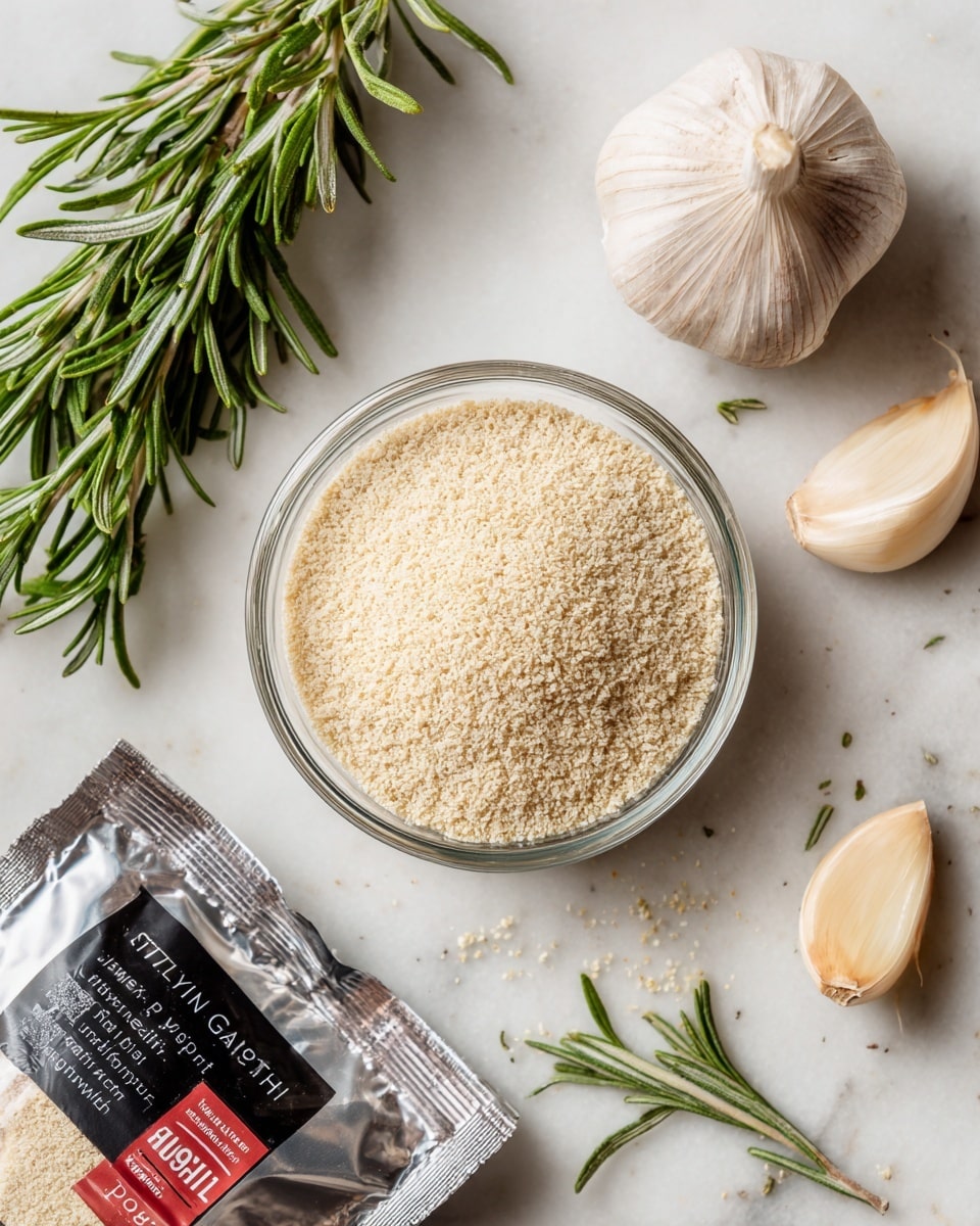 A small clear round glass bowl filled with light beige instant yeast granules sits in the center of a white marbled surface. To the left of the bowl, there is a sprig of fresh green rosemary with long leaves. Above and to the right of the bowl, there are two peeled garlic cloves, creamy white in color. Near the bottom left corner, a torn packet of platinum superior baking yeast lies partially open, showing red and black text on a white and silver background. Small pieces of rosemary leaves are scattered around the bowl on the marbled surface. Photo taken with an iphone --ar 4:5 --v 7