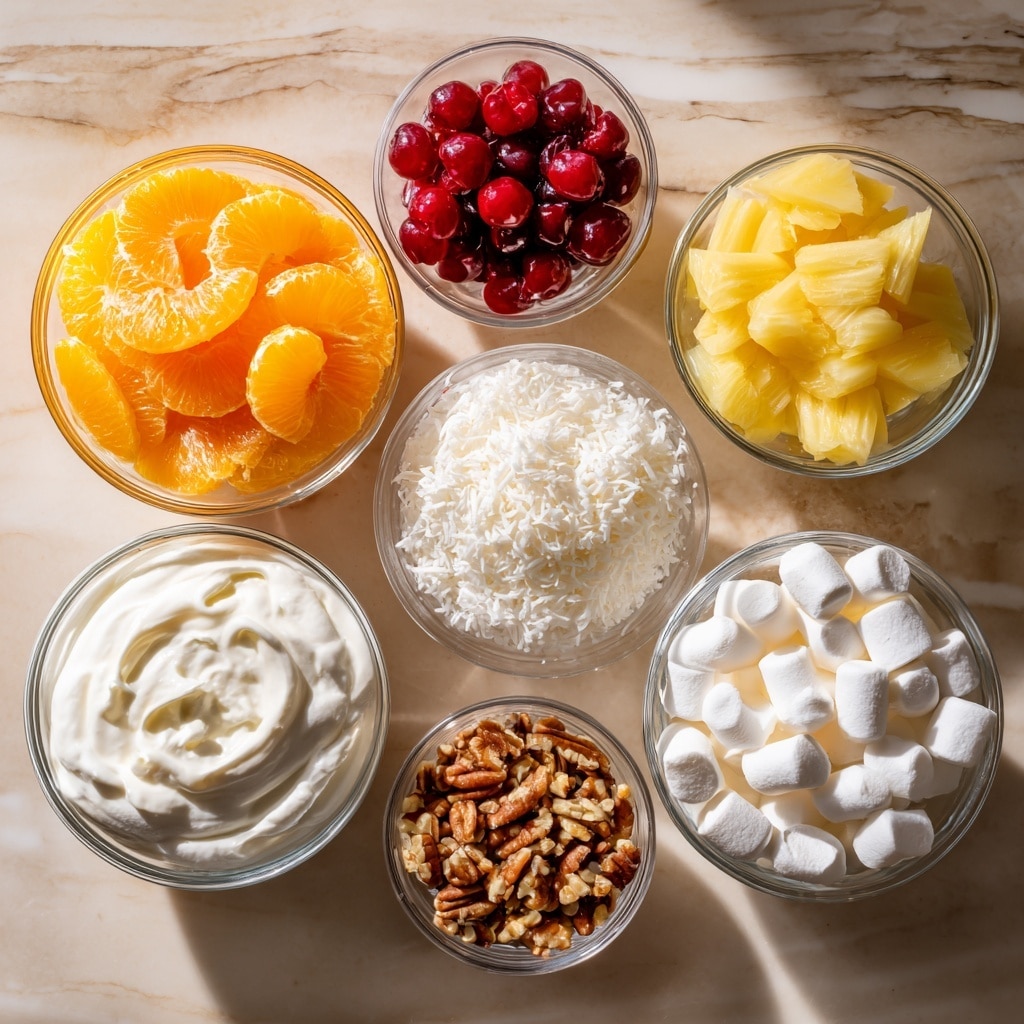 The image shows a close-up view of a creamy fruit salad served on a white plate. The dish has one main layer filled with chunks of bright orange fruit pieces mixed evenly with small red fruit bits, all coated in a thick, white creamy dressing giving a soft and smooth texture. The fruit pieces have a juicy, slightly translucent look contrasting with the creamy texture surrounding them. The background is a white marbled surface, creating a clean and fresh setting. Photo taken with an iphone --ar 4:5 --v 7