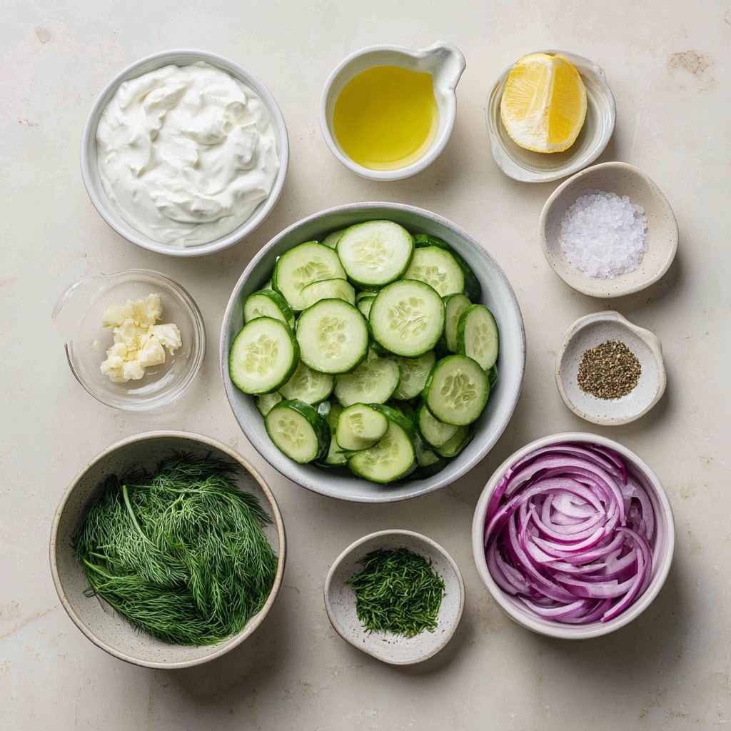 A bowl with creamy cucumber salad inside, showing about three layers of thick cucumber slices mixed with thin purple onion slices. The cucumbers have a green skin and pale green inside, all covered in a light white creamy dressing. The salad is sprinkled with small bright green dill leaves and tiny black pepper bits. The bowl itself is white, sitting on a white marbled surface, with slices of white bread and sprigs of dill around it, plus a woman's hand holding a silver fork with wide slots next to the bowl. photo taken with an iphone --ar 4:5 --v 7