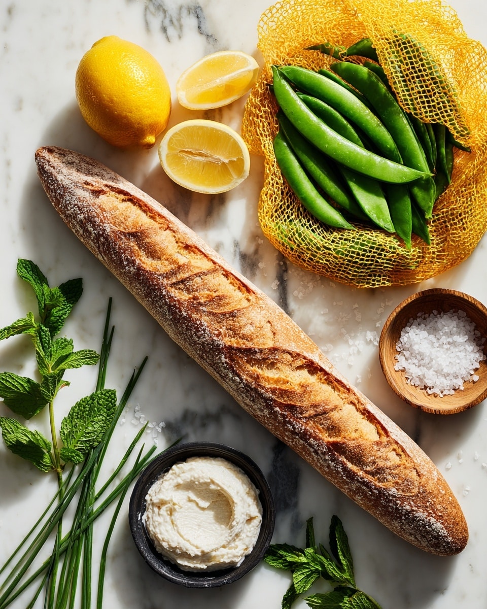 A long golden-brown baguette with a crusty texture lies diagonally on a white marbled surface. Above it is a yellow mesh bag filled with bright green snap peas. To the left of the baguette, a whole yellow lemon and two lemon wedges sit on the surface. Around the bread are fresh green chives and mint leaves arranged neatly. Toward the bottom right, a small black bowl holds a creamy white spread with a slightly rough texture. Near the top right, a white bowl contains coarse white salt. Everything is well spaced and placed on the white marbled surface for a fresh and clean look. Photo taken with an iphone --ar 4:5 --v 7