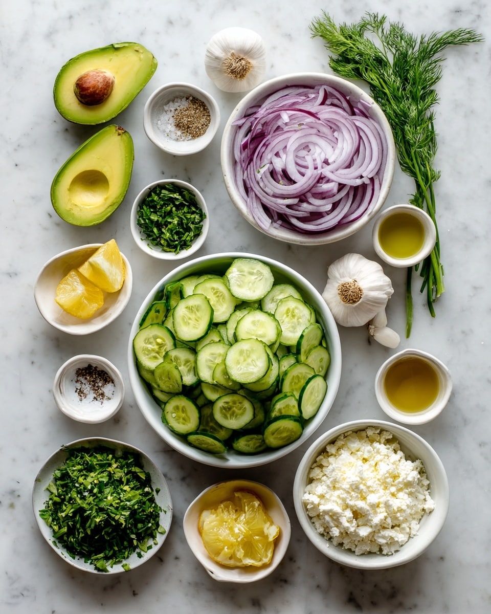 The image shows a collection of fresh salad ingredients arranged neatly on a white marbled surface. There are two halves of a bright green avocado on the top left, next to a small white bowl filled with chopped fresh green herbs. To the right is a white bowl full of thinly sliced purple onions, creating a swirl of light lavender and white rings. Below the avocado is a small bowl of salt and another bowl of ground black pepper. In the center is a large white bowl filled with green cucumber slices, some half-moons and some quarters, stacked loosely. To the right of the cucumbers is a bowl of white crumbled cheese with a soft texture. Surrounding these are small bowls and containers holding yellow lemon wedges, chopped garlic, various green herbs, and small amounts of golden olive oil and a reddish liquid, all evenly spaced. A whole white garlic bulb and a few sprigs of fresh green parsley and dill herbs add natural touches to the scene. The composition is clean and colorful, perfect for a fresh salad. Photo taken with an iphone --ar 4:5 --v 7