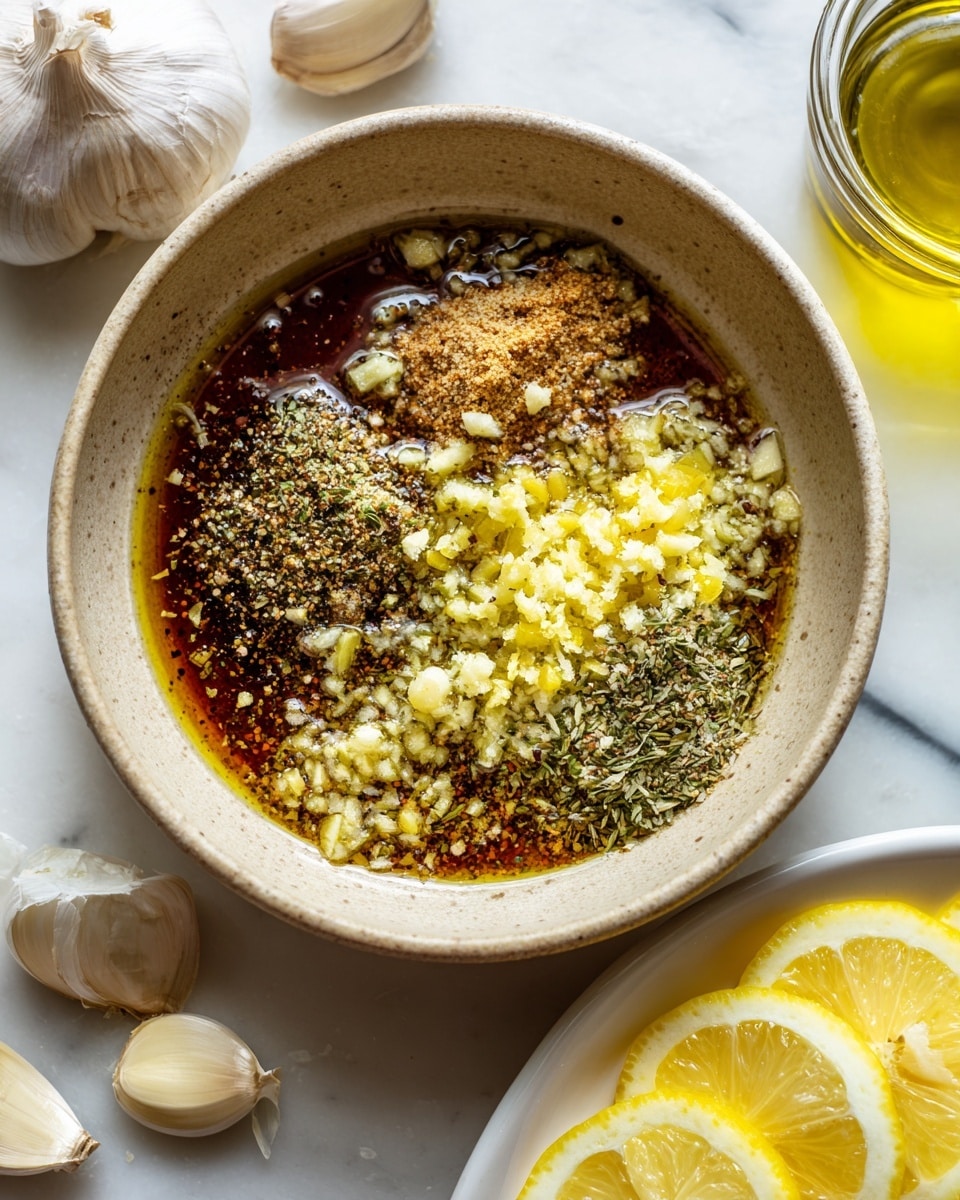 A large white bowl filled with a fresh cucumber salad showing thin green cucumber slices mixed with small green avocado chunks and thin curved strips of purple onion. White crumbled cheese is spread evenly on top, with small sprigs of green dill adding color. Two wooden spoons with long handles rest inside the bowl. Around the bowl on a white marbled surface are whole garlic bulbs, some garlic cloves, a small bowl of black and white pepper, a plate with sliced purple onions, a dish of white cheese, and a sliced lemon showing bright yellow rings. Photo taken with an iphone --ar 4:5 --v 7