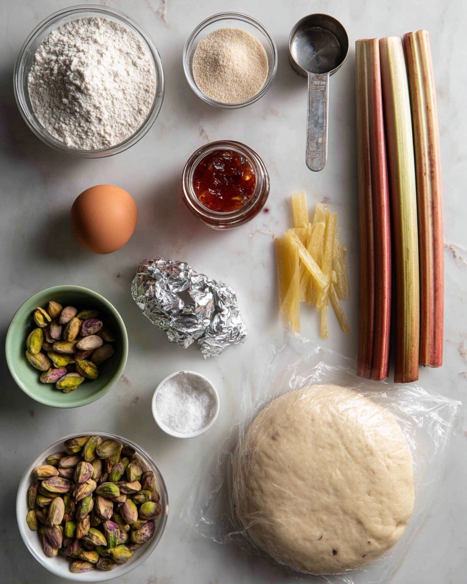 The image shows many ingredients placed on a white marbled texture background. In the center bottom, there is a thin, round, pale dough sheet wrapped partially in clear plastic. To the right of the dough, there is a bundle of long rhubarb stalks with reddish and greenish colors, resting on crumpled silver foil. Above the dough, a metal measuring cup holds a white powder. Next to the rhubarb, there are two clear containers with granulated light brown sugar and white flour. Near the top center, a bright orange is placed alongside an egg and a jar of red jam with a visible lid. On the top left, a small green bowl contains whole pistachio nuts with varying yellow-green and brown shades. A small white container near the bowl holds yellow, slightly translucent candied peel strips. photo taken with an iphone --ar 4:5 --v 7