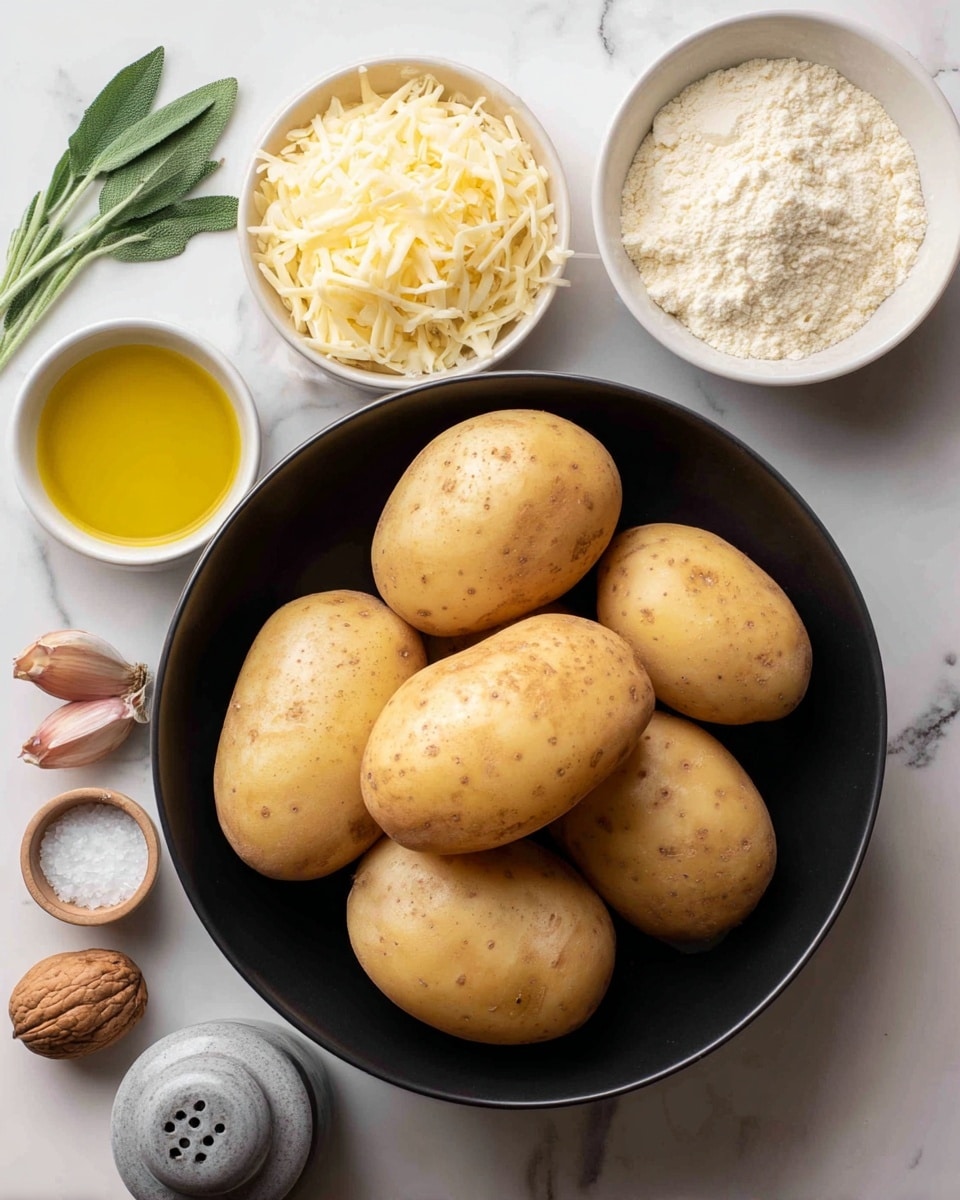 A black bowl filled with six whole raw potatoes with a light brown skin sits on a white marbled surface. To the right, a small white bowl contains light beige flour, and above it, a white bowl holds shredded pale yellow cheese. Above the potatoes, a clear glass measuring cup is filled with cream. To the left of the potatoes, a small white bowl has golden yellow olive oil. Nearby, three garlic cloves and two whole nutmegs rest on the surface. Below the garlic, a round white bowl contains coarse white salt. A gray pepper grinder is partially visible on the bottom left. At the top left, a small bunch of fresh green sage leaves adds a touch of color. Photo taken with an iphone --ar 4:5 --v 7