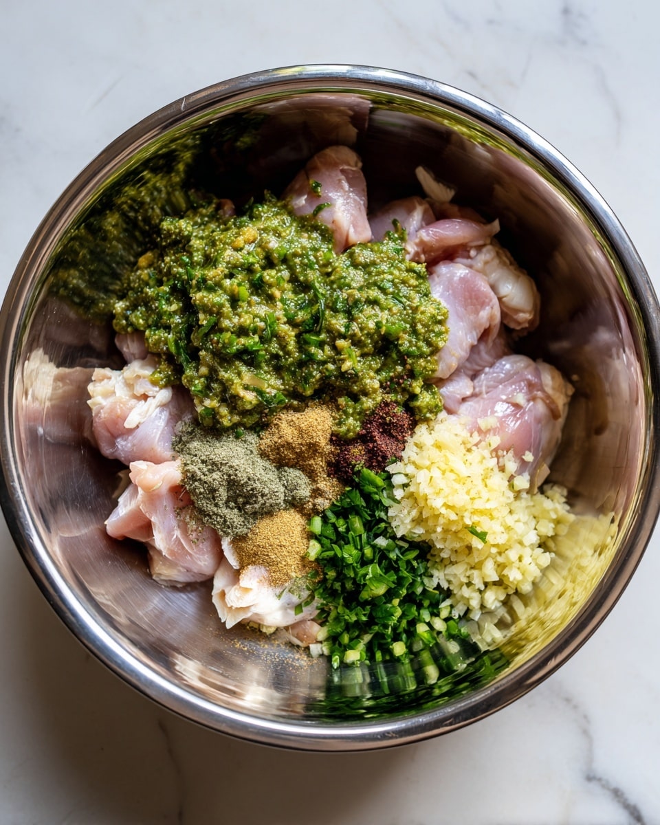 A white bowl filled with a base layer of white rice, topped with shredded yellowish chicken mixed with green herbs and sauce, creating a slightly wet texture. Scattered around the chicken are chunks of light green avocado and slices of bright green jalapeño peppers. Fresh cilantro leaves are placed on top and around the edges, adding bright green color. A dollop of white sour cream sits on the chicken in the center with small green onion pieces sprinkled on it. A silver fork with a wooden handle rests on the right side of the bowl, partially digging into the food. The bowl is placed on a white marbled surface. photo taken with an iphone --ar 4:5 --v 7