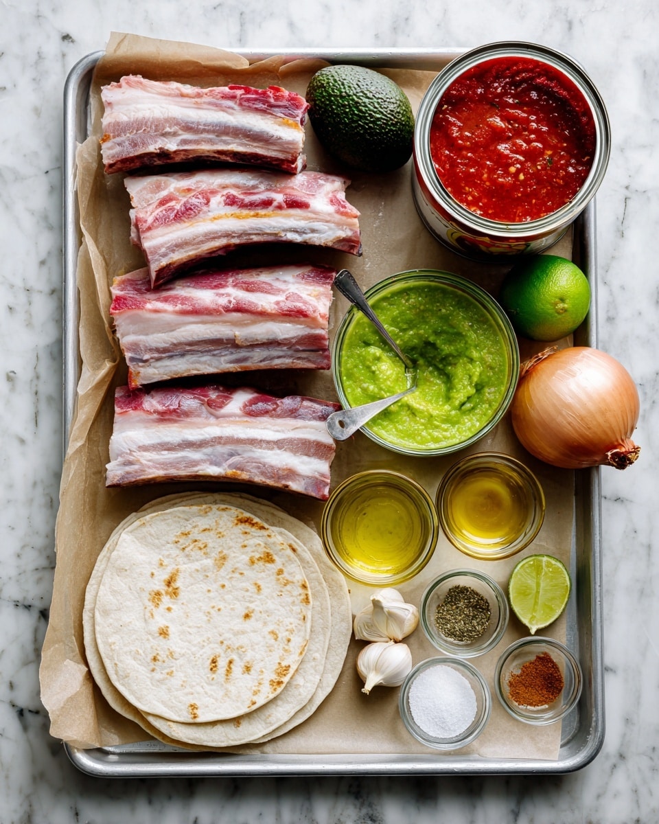 The image shows a metal tray lined with parchment paper holding several raw meat ribs with visible layers of pink and white fat, placed on the upper left side. Next to the ribs, there is a whole dark green avocado. On the upper right side, an open can of red tomato sauce and a small glass jar filled with bright green sauce with a small spoon inside are arranged. In the middle right, there's a whole light brown onion and a green lime. Below, there are three garlic cloves, a small glass container with yellow oil, and another with a clear liquid. Near the bottom left of the tray, there are two soft white tortillas with light brown spots. Small glass bowls with different powders, such as brown sugar, green dried herbs, salt, and finely ground spices, are spread across the tray. The tray is placed on a white marbled surface. Photo taken with an iphone --ar 4:5 --v 7