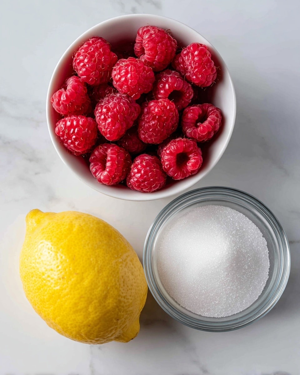 The image shows three main ingredients on a white marbled surface: a white bowl filled with bright red raspberries placed at the top center, a whole yellow lemon sitting on the surface to the left, and a transparent glass bowl filled with white granulated sugar located at the bottom right. The colors are vibrant with a smooth texture on the lemon and the clear crystalline texture of the sugar distinctly visible. photo taken with an iphone --ar 4:5 --v 7
