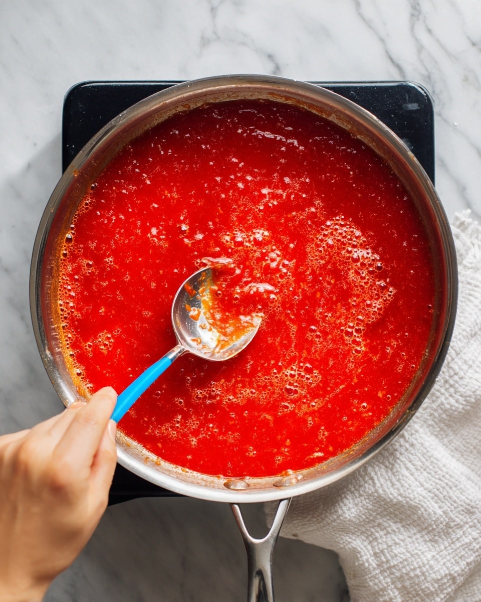A close-up top view of a silver pan on a black stove with bubbling bright red sauce inside, showing thick, rich texture with small bubbles all over the surface. A woman's hand is stirring the sauce with a shiny silver spoon, and a blue spatula with red sauce bits rests on the edge of the pan. The background is a white marbled surface with a white textured towel barely visible on the right side. photo taken with an iphone --ar 4:5 --v 7
