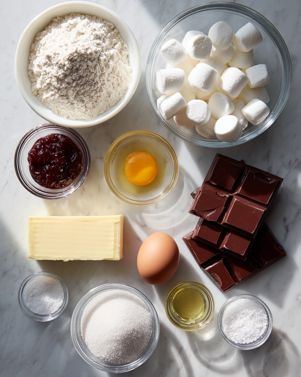 This image shows several baking ingredients placed on a white marbled surface. There is one white bowl filled with white flour, a clear glass bowl with many white marshmallows, and a smaller clear bowl with dark red jam. Next to them are three large square pieces of chocolate stacked slightly unevenly, a rectangular slab of yellow butter, a single brown egg, a clear small bowl with light golden liquid, a small clear bowl with white powder, a larger clear bowl filled with white granulated sugar, and another small clear bowl with salt. The arrangement is neat and evenly spaced, with soft natural light highlighting the textures of each ingredient photo taken with an iphone --ar 4:5 --v 7