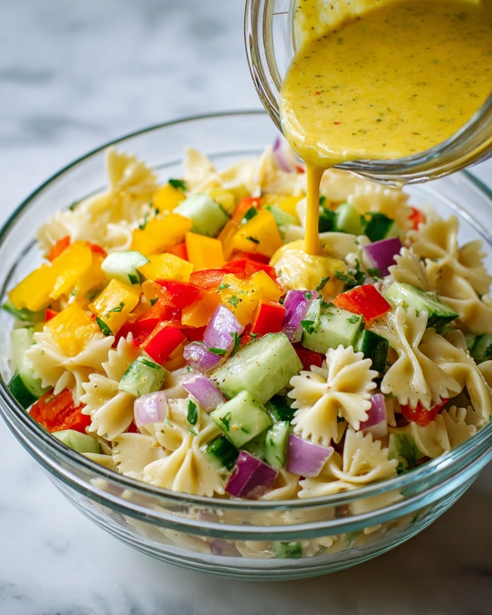 The image shows a close-up of a white bowl filled with a colorful pasta salad on a white marbled surface. The salad has three main layers: the base is light yellow farfalle pasta pieces with ridged edges, mixed with small green cucumber cubes and chopped red onions. The middle layer includes chunks of browned grilled chicken, giving a textured look with speckled grill marks. The top layer has small bright cherry tomato halves, yellow bell pepper pieces, and scattered green parsley flakes. In the background, there are more bowls with similar pasta salad, one white bowl and one dark wooden bowl, with wooden salad spoons resting inside the wooden bowl. Photo taken with an iphone --ar 4:5 --v 7