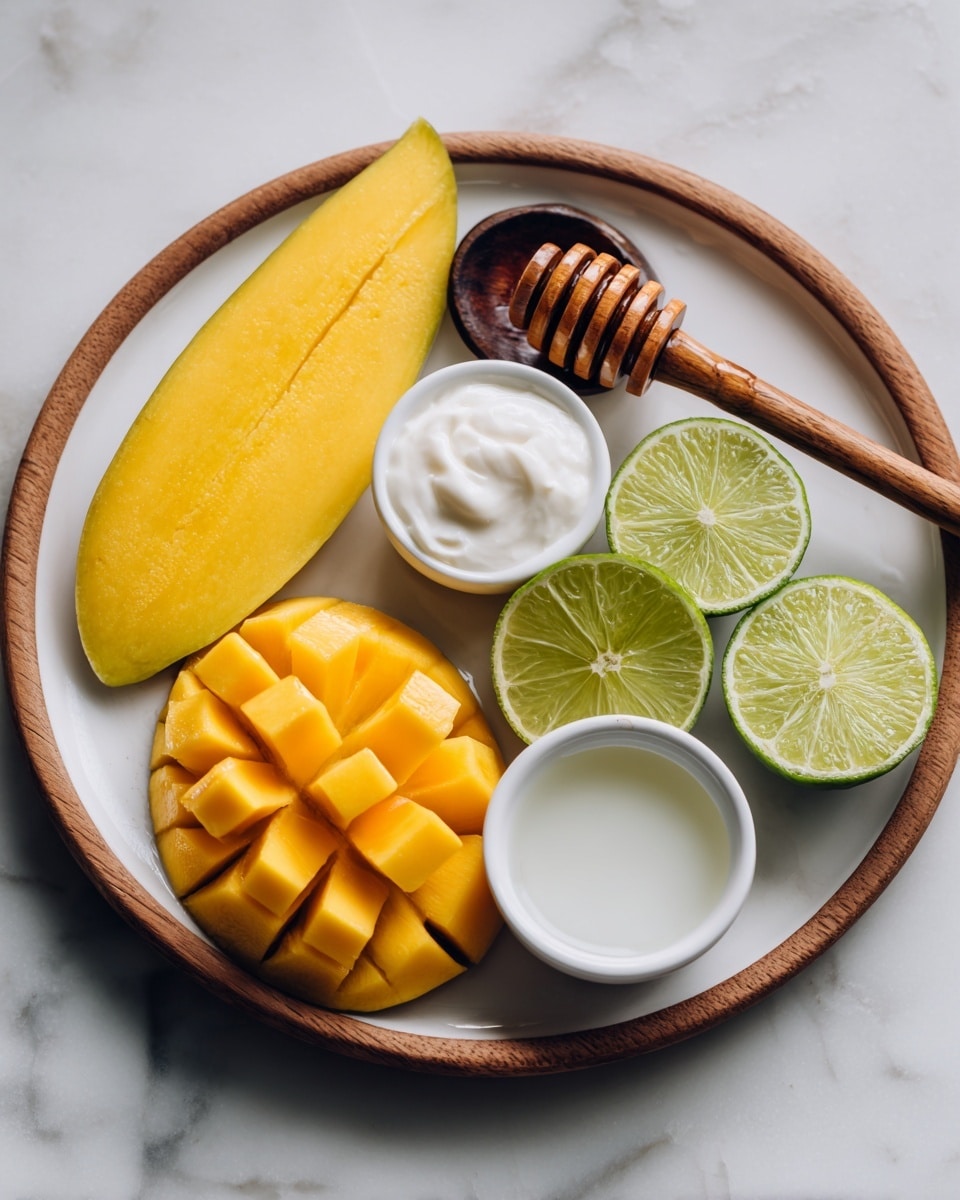 A round white plate with a wooden section on top sits on a white marbled surface. On the left, there is one smooth yellow mango slice and below it, a second mango half scored into small square pieces, exposing the bright orange inside. Near the top center, a dark wooden spoon holds a white creamy substance. Above and slightly to the right of that, a wooden honey dipper rests horizontally with honey on it. On the right side of the plate, two lime halves show a light green inside with a small white circular dish holding a white liquid placed below them. photo taken with an iphone --ar 4:5 --v 7