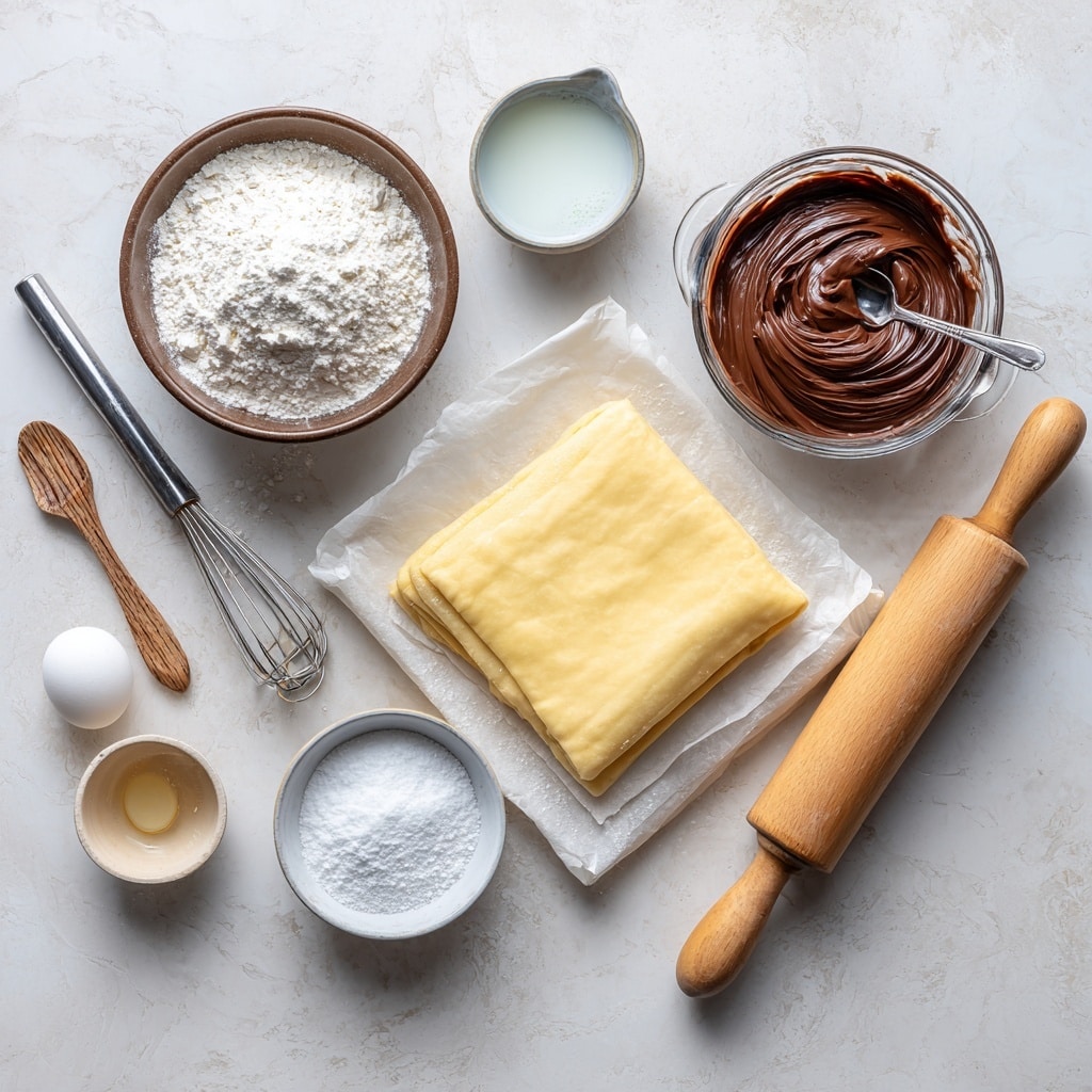 Four croissants are laid out on crumpled parchment paper over a white marbled texture. Each croissant shows multiple layers of golden brown flaky dough with darker chocolate filling striped through the middle layers. The croissants are dusted with a light coating of white powdered sugar, adding a soft contrast to the warm tones of the pastry. A small scoop filled with smooth, shiny, dark brown chocolate spread sits near the bottom left, with some chocolate smudged around its edges. The lighting highlights the glossy, slightly crisp surface of the croissants and the rich texture of the chocolate filling. Photo taken with an iphone --ar 4:5 --v 7