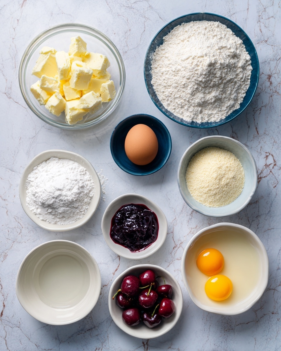The image shows several small bowls and an egg arranged on a white marbled surface. On the left, there is a clear glass bowl filled with small pieces of pale yellow butter. Next to it, an uncooked brown egg rests on the surface. Two medium white bowls in the front hold a small amount of clear liquid on the left and dark purple jelly on the right. Behind these, there are two dark blue bowls filled with white sugar on the left and white powder (likely baking soda or powder) on the right. Another dark blue bowl behind them contains a pale yellow grainy powder. On the far right, a clear glass bowl is heaped with white flour. Finally, a white bowl to the right contains two bright yellow egg yolks, and in front of it, a small white bowl holds shiny dark red cherries. Photo taken with an iphone --ar 4:5 --v 7