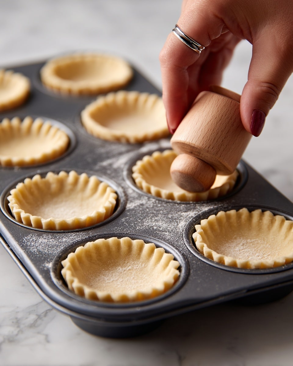 A dark grey metal muffin tray holds several small round tart shells with light golden dough and crimped edges, each placed neatly inside the tray's circular molds. A woman's hand with a silver ring uses a small wooden rolling pin to press down the dough inside one of the tart molds, smoothing the shape. The focus is on the top row of shells, showing the texture of the soft dough and the ridged edges against the smooth metal tray. The background is a clean white marbled surface. Photo taken with an iphone --ar 4:5 --v 7