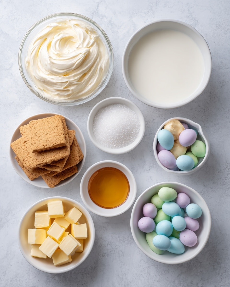 Seven clear and white bowls are arranged on a white marbled surface. In the top row, there is a medium clear bowl filled with smooth white cream on the left, and a medium clear bowl filled with white liquid on the right. Below, a small white bowl holds granulated sugar in the center, with a small white bowl filled with mixed pastel-colored small eggs on the right and a small white bowl filled with golden syrup on the left. On the far left, a medium clear bowl contains round beige biscuits, some stacked flat and a few standing upright. At the bottom left, a small white bowl is filled with small cubes of yellow butter. photo taken with an iphone --ar 4:5 --v 7