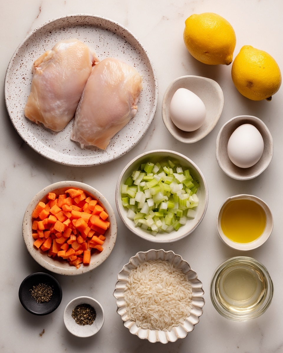 A deep white bowl with blue floral patterns around the edge holds a thick creamy chicken and rice soup. The soup has a pale yellow base with soft white rice, small orange carrot pieces, and light green celery bits spread evenly throughout. Pieces of light chicken meat float on the surface along with a few thin slices of lemon and small green dill sprigs. A spoon rests inside the bowl, partially submerged on the left side. The soup is topped with a drizzle of oil and scattered black pepper. The bowl sits on a white marbled textured surface, with a small white bowl of lemon wedges in the background and a blue cloth to the side. photo taken with an iphone --ar 4:5 --v 7