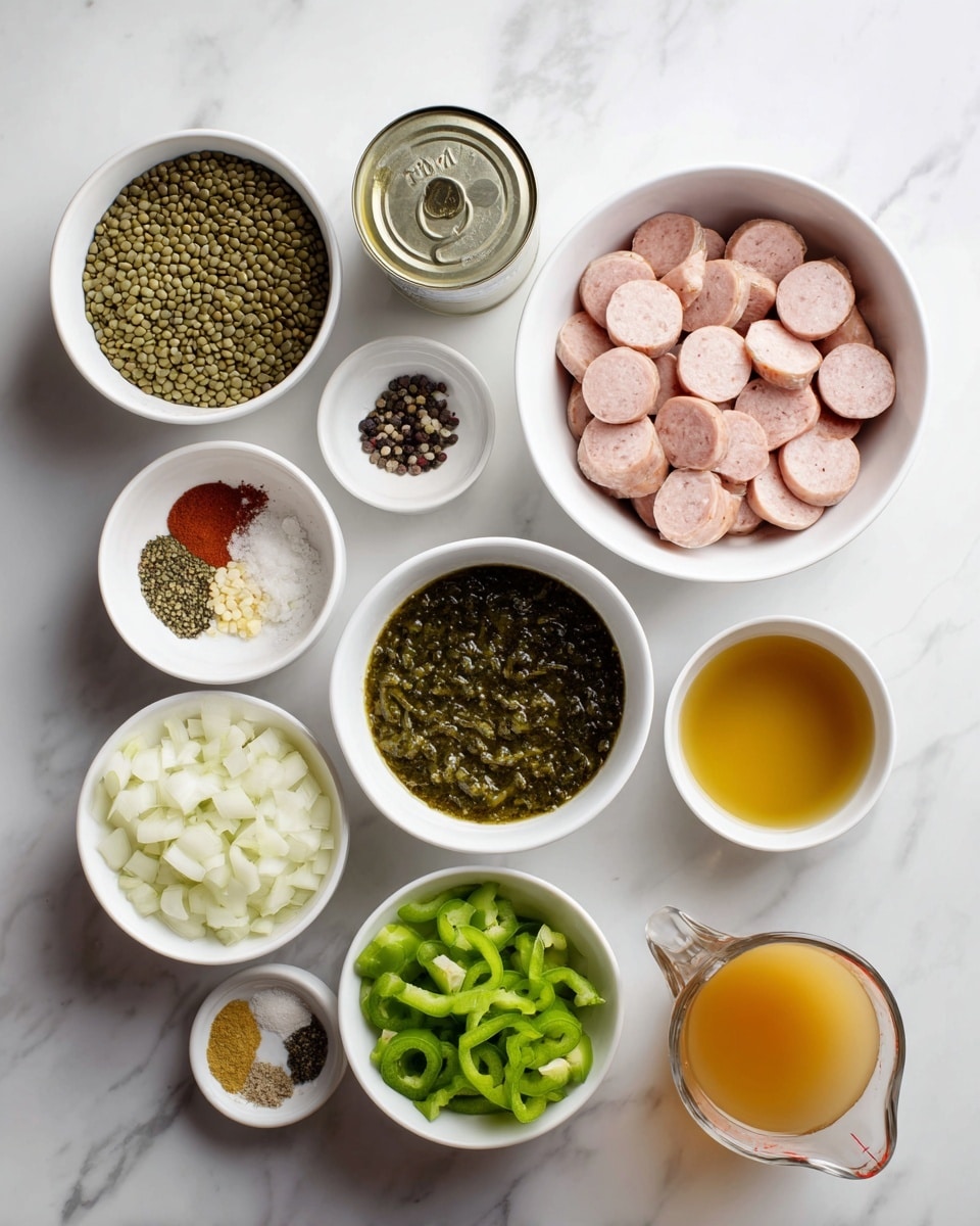 The image shows ten white bowls and one clear measuring cup arranged on a white marbled surface. The largest white bowl at the top right is filled with sliced pale pink sausage pieces. Below it to the left is a white bowl filled with green lentils, and next to it on the left is a white bowl filled with a dark green salsa sauce with visible seeds. At the bottom center is a white bowl with chopped white onions, and to its left is a white bowl with chopped green bell peppers. Above the onions is a small white bowl with minced garlic, and next to it on the right is a small white dish with assorted spices including salt, pepper, and ground spices in different colors. At the bottom left is a small bowl with finely chopped green pepper pieces. On the top left is a can with a greenish vegetable, and on the far right side is a small white bowl with golden yellow oil. In the bottom right corner, there is a clear measuring cup filled with light brown broth. The overall color palette includes greens, browns, whites, and pale pinks, arranged neatly in round bowls. Photo taken with an iphone --ar 4:5 --v 7