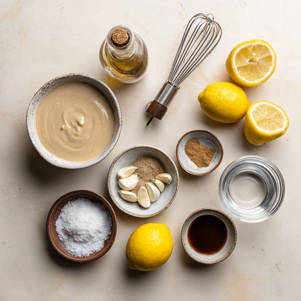 A white bowl filled with creamy, light beige sauce topped with small pieces of chopped green herbs. A silver spoon rests inside the bowl, its handle extending outside. Around the bowl, there are green herb leaves scattered on a white marbled surface. To the top left, part of a wooden bowl shows a salad made of finely chopped green herbs, white grains, and red pieces, with a lemon wedge on top. At the bottom right, two dark brown falafel balls rest on a white plate with green herb garnish. A white cloth with black stripes lies at the bottom left corner. Photo taken with an iphone --ar 4:5 --v 7
