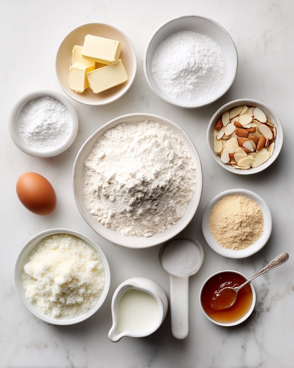 The image shows several white bowls and small containers arranged neatly on a white marbled surface, each holding a different baking ingredient. In the center, there is a large white bowl filled with white flour. Surrounding it are smaller white bowls containing powdered sugar, a creamy white mixture, sliced almonds, three yellowish butter slices, a beige yeast powder, and a small amount of salt. Outside the bowls, there is a brown egg, a small white dish of a clear liquid, a small clear glass pitcher with white milk, and a round brown spoon filled with a light amber-colored jam or syrup. The setup is clean and bright, showing all ingredients clearly without any clutter. photo taken with an iphone --ar 4:5 --v 7