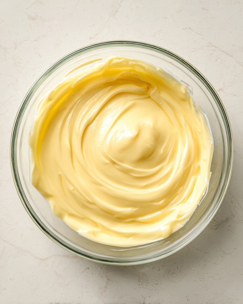 A clear glass bowl holds one thick, smooth layer of creamy yellow custard, swirled gently in the center. The custard's texture is soft and slightly glossy, with small ridges and folds showing where it was mixed. The bowl sits on a white marbled surface, with soft natural light highlighting the custard's rich color and texture. photo taken with an iphone --ar 4:5 --v 7