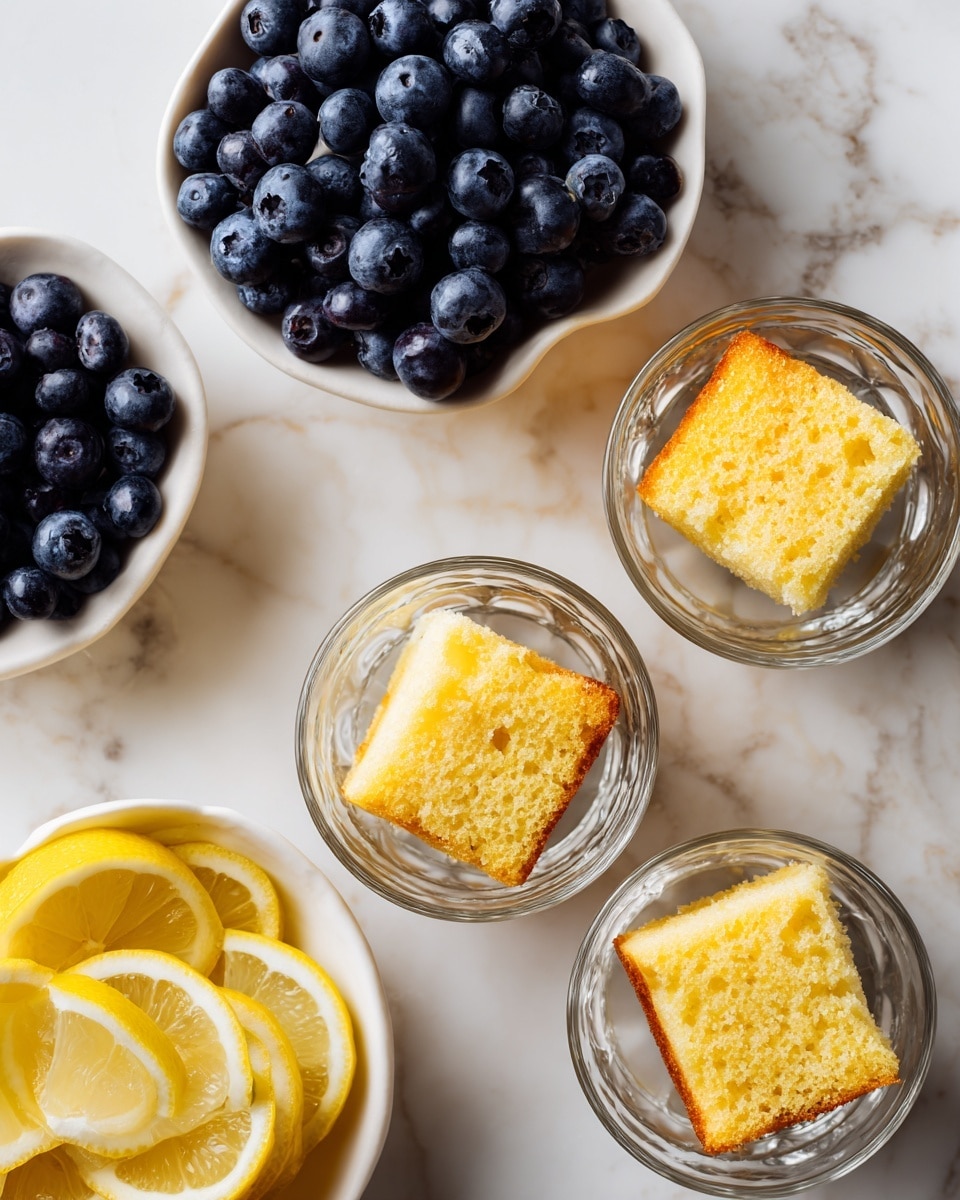 The image shows a white marbled surface with four clear glass cups arranged in a rough square. Each glass cup contains a few small golden-yellow cake pieces with a slightly crisp outer texture at the top. To the left side of the glasses, there is a white bowl filled with dark blue, round blueberries, and below it, another white bowl holds bright yellow lemon slices with a fresh, glossy look. The photo taken with an iphone --ar 4:5 --v 7
