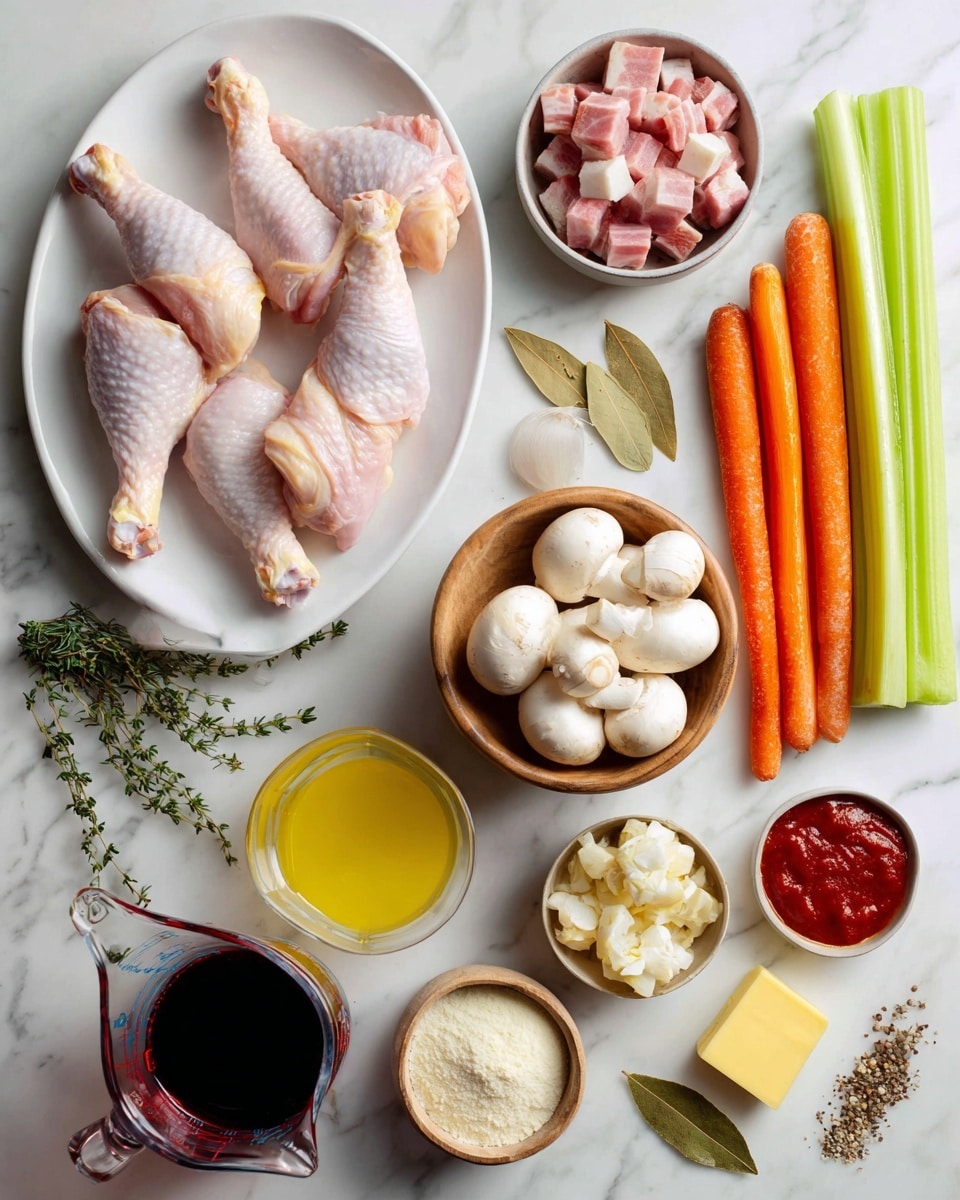A top view of various raw ingredients arranged neatly on a white marbled surface. In the top left, a white oval bowl holds four raw chicken drumsticks with pale pink skin. To the right, two bright orange carrots and three green celery stalks lie side by side. Above these, a small white bowl contains cubed raw bacon with white fat and pink meat. Nearby, a wooden bowl is filled with small white pearl onions, and next to it, another wooden bowl full of white button mushrooms sits close to a glass measuring cup with yellow liquid. At the bottom left, a glass measuring cup holds dark red wine, beside fresh sprigs of thyme. Scattered around are small bowls and plates with bright red tomato paste, yellow butter slices, white flour, whole garlic bulb, pepper, salt, two dried bay leaves, and a peeled yellow onion. The colors are natural with a clean look, showing fresh, raw ingredients. Photo taken with an iphone --ar 4:5 --v 7