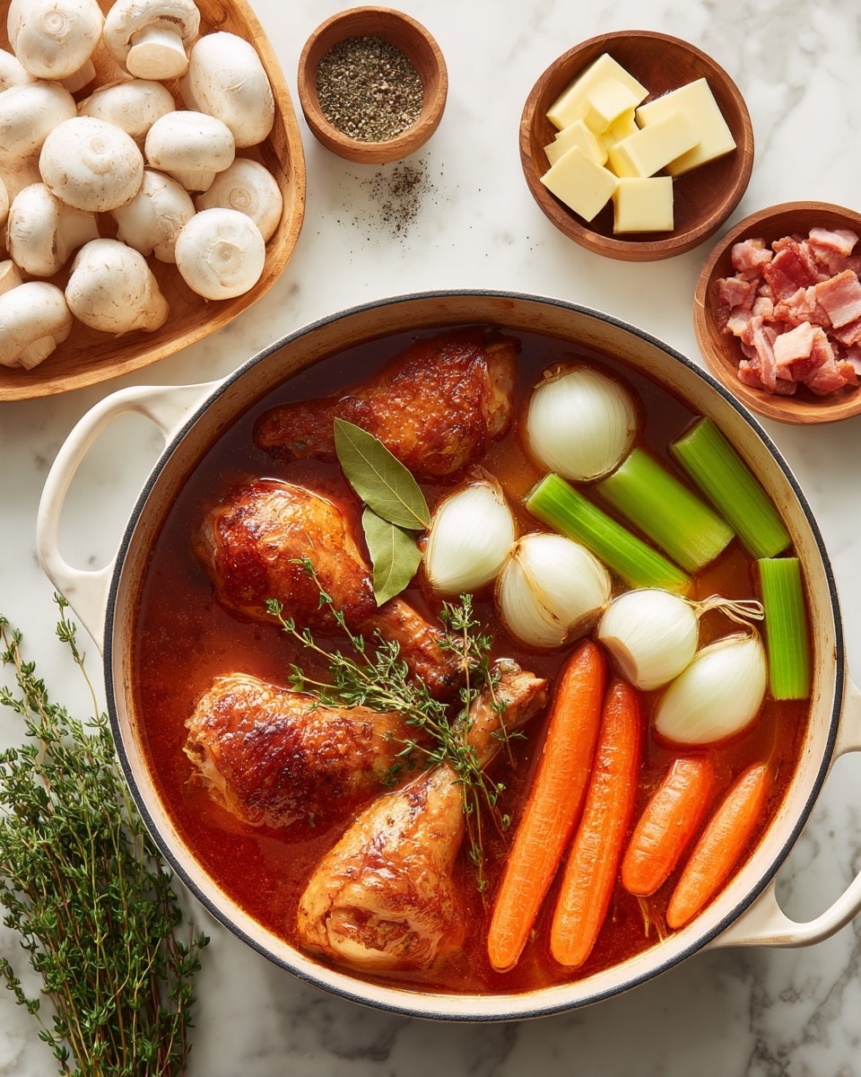 A white pot filled with a rich reddish-brown broth containing two browned cooked chicken drumsticks resting on the sides, surrounded by bright orange whole carrots, thick stalks of green celery, large white onion quarters, and fresh green thyme sprigs along with two light brown bay leaves floating on top. The pot sits on a white marbled surface with round wooden bowls nearby, one holding white mushrooms, another with pale yellow butter cubes, a third with diced raw bacon, and a small container of black pepper. The scene is bright and inviting, showing fresh ingredients ready for cooking photo taken with an iphone --ar 4:5 --v 7