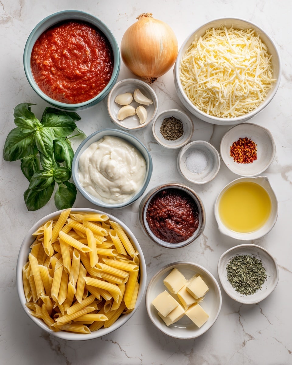 The image shows a top view of multiple white bowls arranged on a white marbled surface, each containing different ingredients for cooking. There is a large bowl filled with dry penne pasta with a pale yellow color at the bottom left. Next to it, on the right side, is a bowl of finely grated pale yellow cheese. Above the grated cheese are three small bowls containing salt, black pepper, and dried herbs. A small bowl of red pepper flakes is on the upper right side. Moving upward, a bowl of creamy white sauce sits next to a smaller bowl with a deep red, thick paste. To the left of these bowls, there’s a small white plate with four peeled garlic cloves and a bowl with leafy fresh green basil. A whole yellow onion is near the bottom left, and above it, a small bowl with yellow cooking oil. In the center, sliced pale yellow butter rests on a small white plate. At the top left, a large bowl holds a deep red tomato sauce. The overall setup looks clean and organized, with clear colors and textures for each ingredient. Photo taken with an iphone --ar 4:5 --v 7