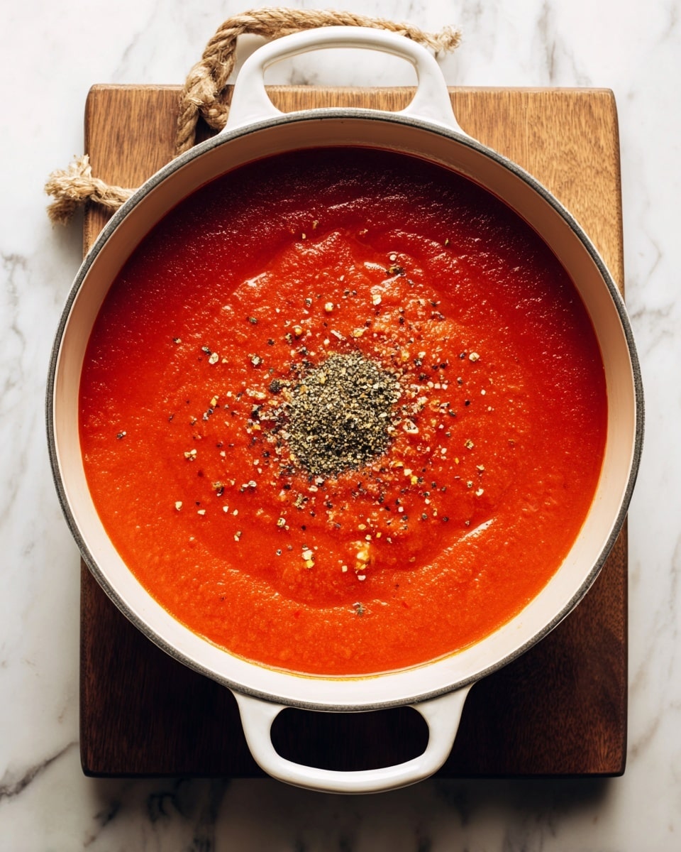 A white pot filled with bright red tomato sauce covers most of the inside, its surface smooth with visible chunks of cooked onions scattered around the edges, showing a slightly darker orange hue. A small pile of ground black pepper rests on top near the center-left, adding a speckled dark contrast to the rich red sauce. The pot has two white handles, and it is placed on a wooden board with a rope loop, all set on a white marbled surface. photo taken with an iphone --ar 4:5 --v 7
