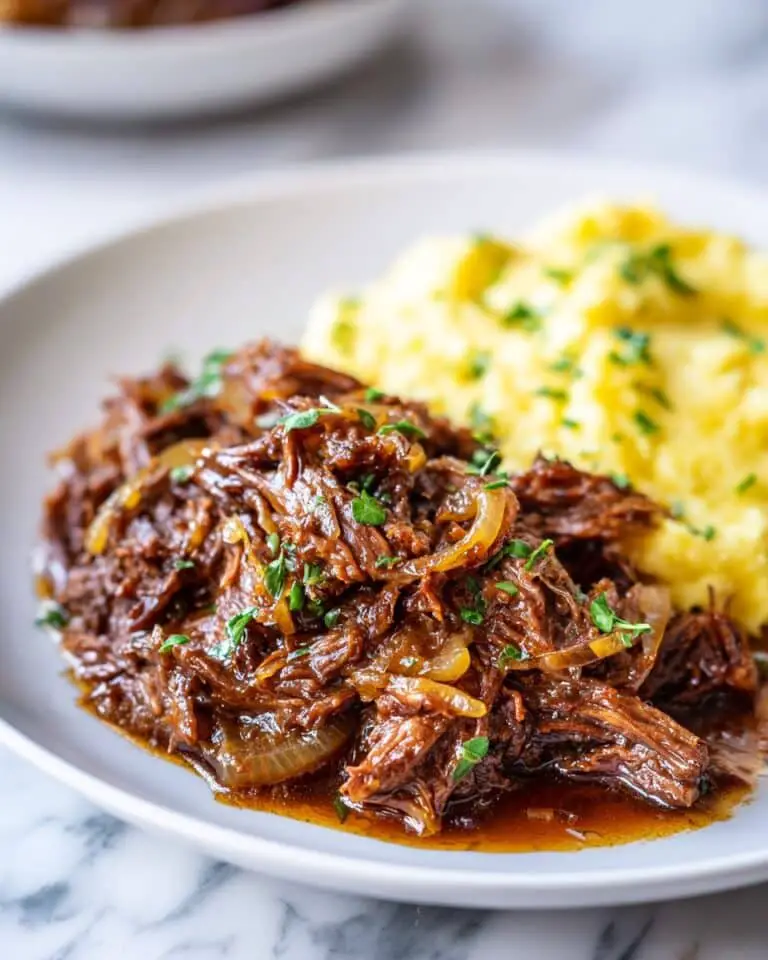 French Onion Pot Roast with Caramelized Onions and Creamy Mashed Potatoes Recipe