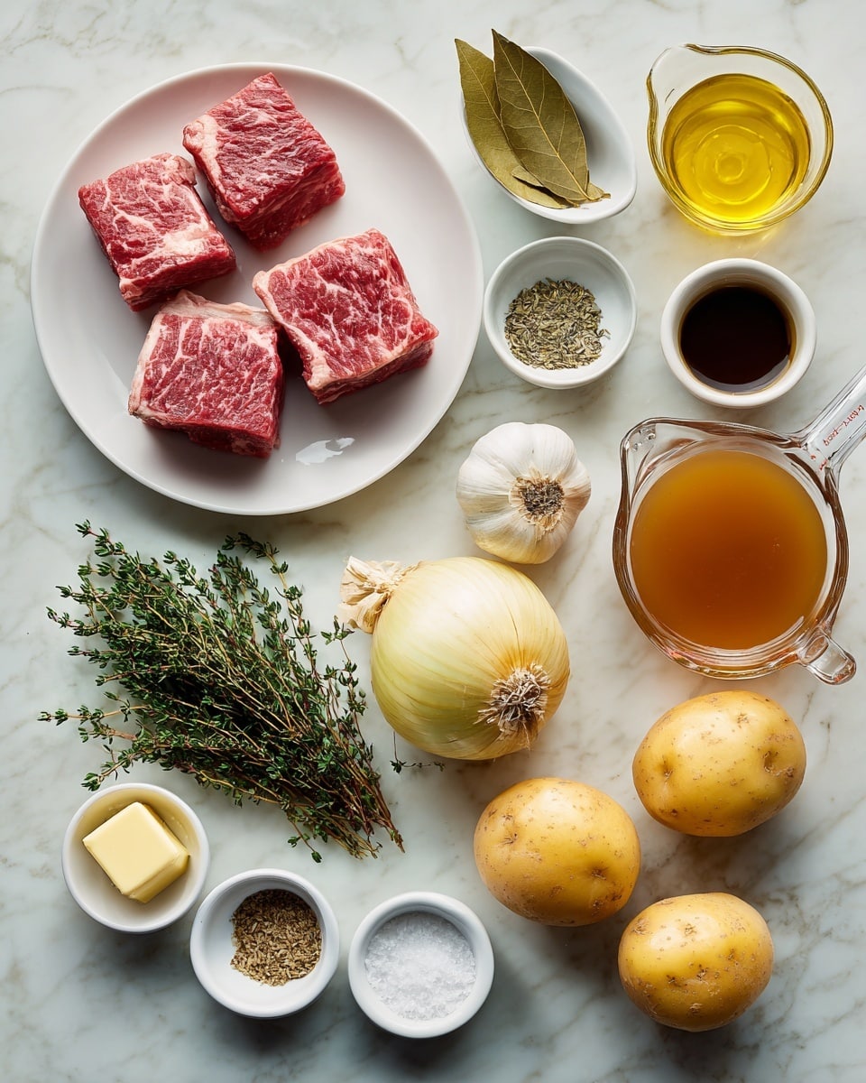The image shows raw ingredients arranged neatly on a white marbled surface. On the left, there is a white plate holding two pieces of raw red meat with visible marbling. Above it, three small white bowls contain bay leaves, a dark sauce, and olive oil, while the center has a bundle of green herbs, possibly thyme, and a whole garlic bulb. To the right of the garlic, there is a large white onion and a yellow potato. Multiple small white dishes hold black pepper, salt, butter, flour, and a light brown powder next to a small bowl of golden-brown liquid and a small glass measuring cup with a creamy liquid. A larger clear bowl at the top right displays a rich brown broth. The arrangement is clean and well spaced. Photo taken with an iphone --ar 4:5 --v 7