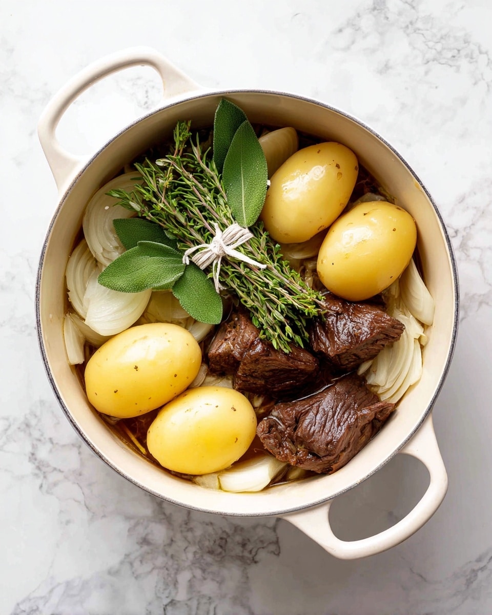 A white round pot with two handles contains a layered stew preparation. The bottom layer shows sliced white onions with a soft texture and light golden tint. On top, there are four smooth, peeled yellow potato halves evenly spaced around the edges, with three pieces of dark brown cooked meat in the center. Above the meat and potatoes is a bundle of fresh green herbs tied with white string, and a small bunch of loose green sage leaves placed nearby. The pot sits on a white marbled textured surface. photo taken with an iphone --ar 4:5 --v 7
