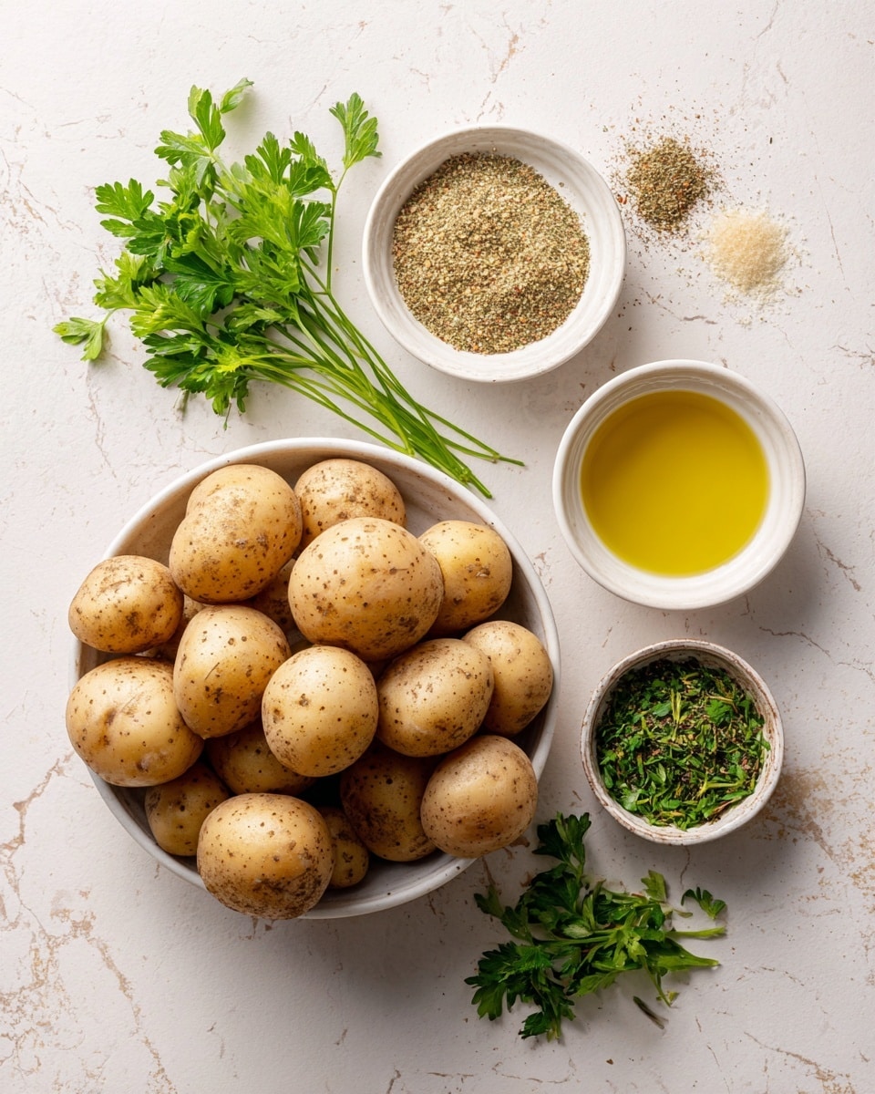 A collection of small, light brown potatoes scattered in the center on a white marbled surface with natural texture lines, surrounded by three small white bowls; the top right bowl holds light yellow oil, the top left bowl contains a mixed light beige and greenish spice blend, and the bottom left bowl is filled with dried green herbs. Fresh green parsley sprigs are placed around the potatoes and bowls, adding a touch of vibrant color. Photo taken with an iphone --ar 4:5 --v 7