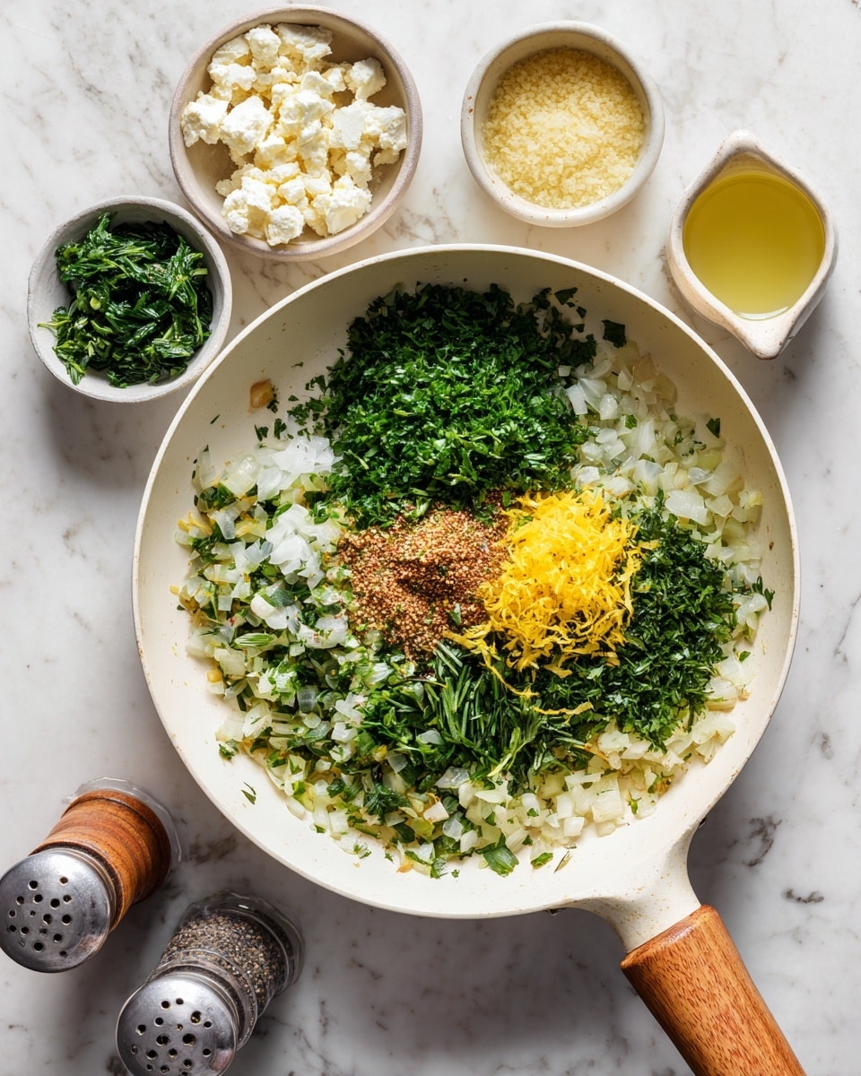 A white pan with a wooden handle is shown from above, containing three layers: the bottom layer is cooked diced onions and green herbs, followed by finely chopped green parsley, and topped with bright yellow lemon zest and a small pile of ground black pepper. Around the pan on a white marbled surface, there is a bowl with crumbled white cheese, a bowl of dark green leafy spinach, and small containers with yellow liquid, black pepper, and salt. The lighting is bright and clean, making the colors clear and fresh. photo taken with an iphone --ar 4:5 --v 7