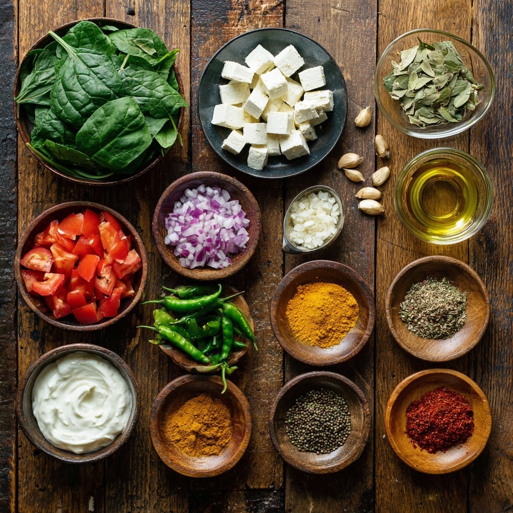 The image shows two layers inside a metal pot with a shiny surface. The bottom layer is a thick, cooked mix of small pieces of orange-brown and yellow ingredients with a slightly chunky texture, spread evenly across the pot bottom. The second layer is fresh, vibrant green spinach leaves piled loosely on top, filling the pot to the rim. The background is a white marbled surface. Photo taken with an iphone --ar 4:5 --v 7
