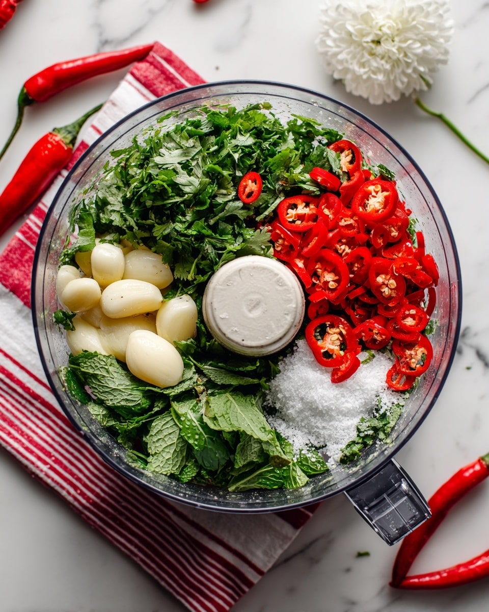 The image shows a clear food processor bowl filled with multiple layers of fresh ingredients. At the bottom, there is a layer of green herbs like cilantro and mint, topped with bright red sliced peppers and small red chili peppers spread evenly. On one side, there are five whole peeled garlic cloves resting beside a small pile of coarse white salt. The food processor sits on a white marbled surface with a red and white striped cloth underneath. A white flower and more red chili peppers are partially visible around the processor. photo taken with an iphone --ar 4:5 --v 7