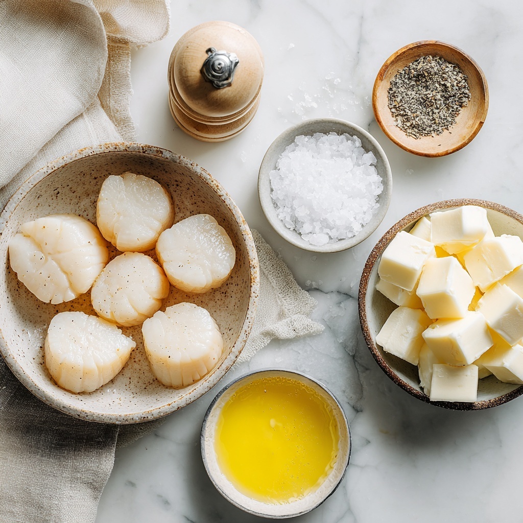 A white plate with a thin blue ring near the edge holds about fifteen cooked scallops in one layer. Each scallop is golden brown on top and around the edges, with some slight grill marks visible. They are sprinkled lightly with small green herb pieces, adding a fresh contrast to the warm, golden color. The background features a white marbled surface that frames the plate. photo taken with an iphone --ar 4:5 --v 7