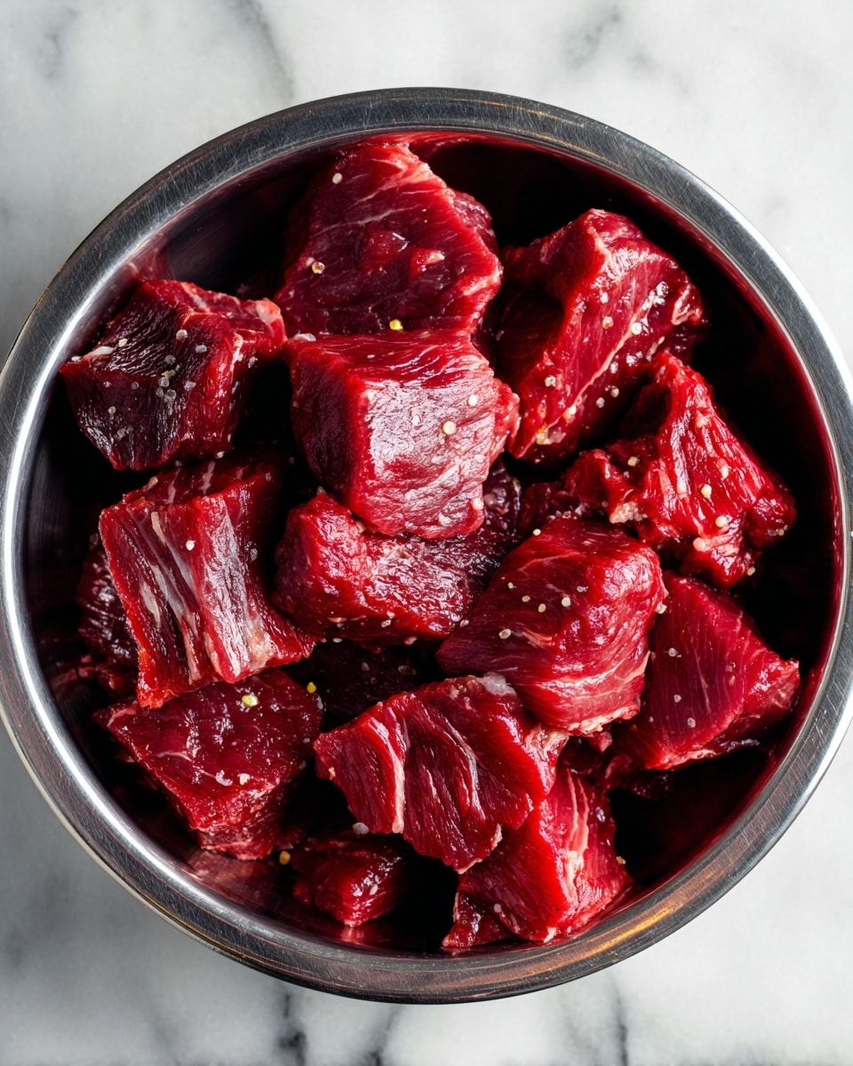 The image shows a close-up of a shiny silver metal bowl filled with raw red meat chunks. The meat pieces are deep red with wet, slightly glossy textures, and small bits of seasoning can be seen on the surface. The meat is piled high, filling the bowl, with some pieces larger and some smaller, showing a fibrous texture. The bowl sits on a white marbled surface. photo taken with an iphone --ar 4:5 --v 7