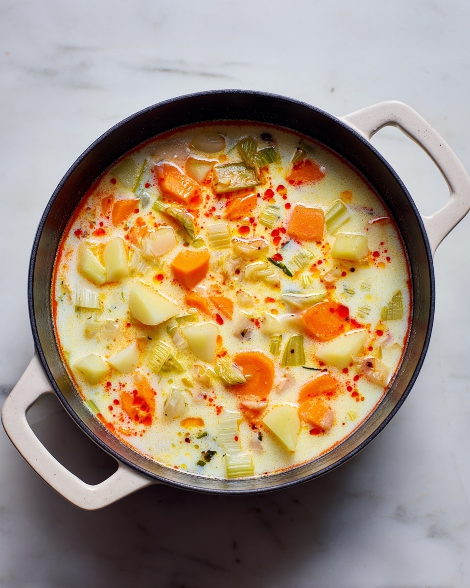 A black pot with white handles sits on a white marbled surface, filled with a creamy white liquid base with a light orange oily layer around the edges. Floating on top are chunks of orange carrot slices and irregular pieces of light yellow potato and other vegetables scattered throughout. The colors are soft with the bright orange of the carrots contrasting the pale, creamy broth. The liquid looks fresh and the pot rim shows small splashes of red-orange oil. Photo taken with an iphone --ar 4:5 --v 7