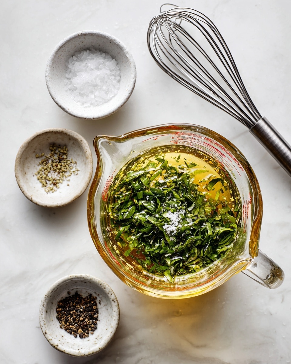 A clear glass measuring cup is filled with mustard seeds, green chopped herbs, coarse salt, and a light golden liquid, showing several layers of ingredients mixed but not stirred, placed on a white marbled surface next to two small white bowls—one with coarse salt and the other with cracked black pepper—along with a black and silver whisk lying beside the cup, all in soft natural light. photo taken with an iphone --ar 4:5 --v 7