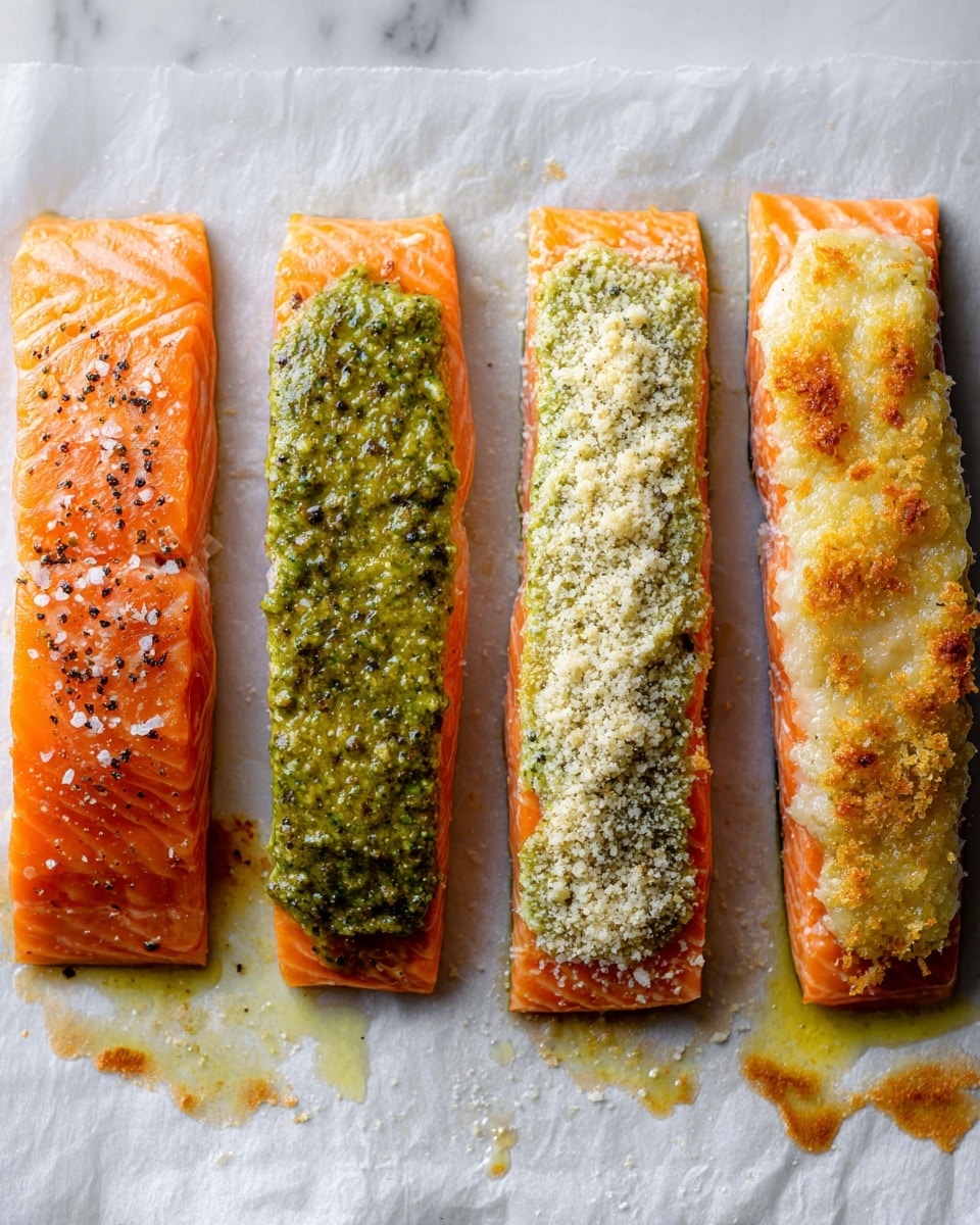 The image shows four stages of preparing salmon fillets on a white marbled surface covered with white parchment paper. In the first stage, four raw orange salmon pieces are laid out evenly with sprinkles of coarse salt and pepper. In the second, a thick, uneven spread of green pesto sauce covers the top of each piece, slightly dripping on the parchment. The third stage shows the salmon topped with a layer of dry, light beige breadcrumbs evenly sprinkled over the green pesto layer. The final stage displays the cooked salmon, with the breadcrumbs turned golden brown and crisp, a bit bubbly with oil around, while the salmon flesh looks tender and slightly flaky. The parchment paper underneath is wrinkled and has browned spots from cooking. photo taken with an iphone --ar 4:5 --v 7