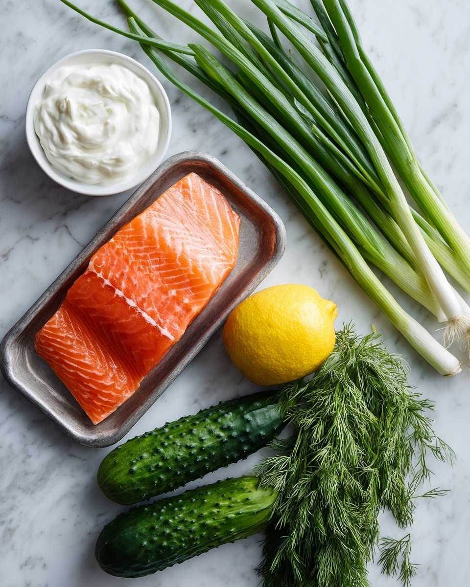 The image shows fresh ingredients arranged on a white marbled surface. On the left side, there is a silver tray holding a bright orange piece of raw salmon with clear fat lines. Above it, a small white bowl with thick white cream inside is placed. Next to the bowl, several long green spring onions lay horizontally, and below them, fresh green dill herbs spread out. On the right side, there is a shiny yellow lemon and a small bunch of dark green cucumbers grouped together. The colors are vivid and the textures are clear, showing freshness and natural look. Photo taken with an iphone --ar 4:5 --v 7
