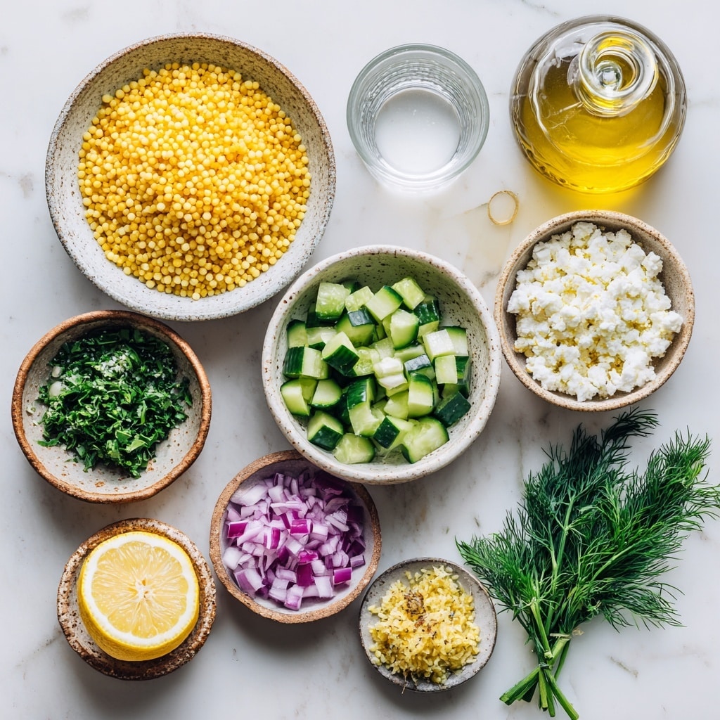 The image is split into two parts: on the left side, there is a close-up view of a pot filled with small, round yellow pasta being stirred by a wooden spoon; the pasta looks soft and slightly shiny, with some steam visible. On the right side, there is a white marbled surface with a white wooden cutting board on it, where fresh green dill is chopped into small pieces; a silver knife with a black handle rests on the board next to the herbs. The colors are bright and natural, showing the contrast between the yellow pasta and green dill. Photo taken with an iphone --ar 4:5 --v 7